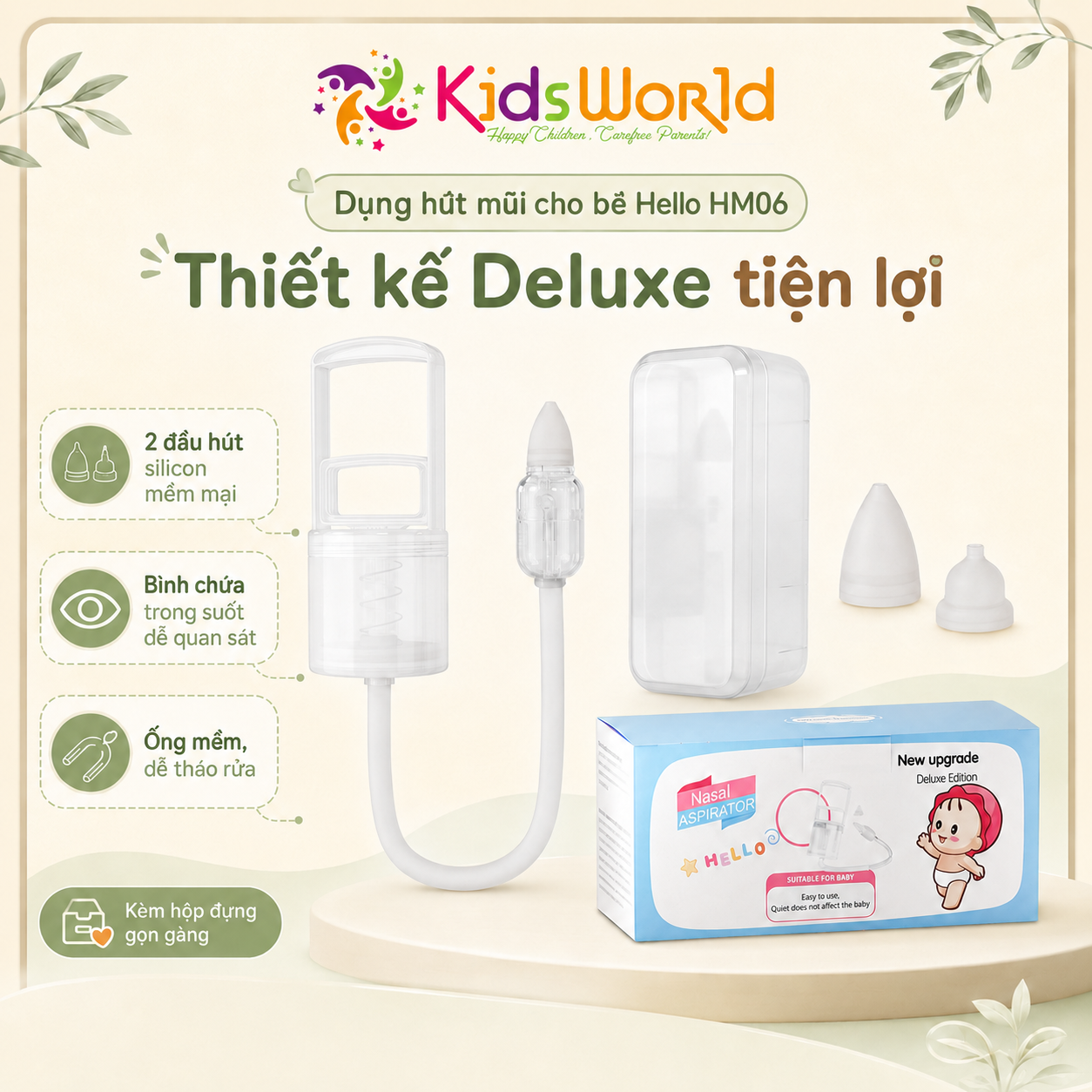 Dụng hút mũi cho bé sơ sinh và trẻ nhỏ Hello Nasal Asprirato HM06 phiên bản nâng cấp Deluxe Edittion kèm 2 đầu hút silicon mềm mại lực hút mạnh