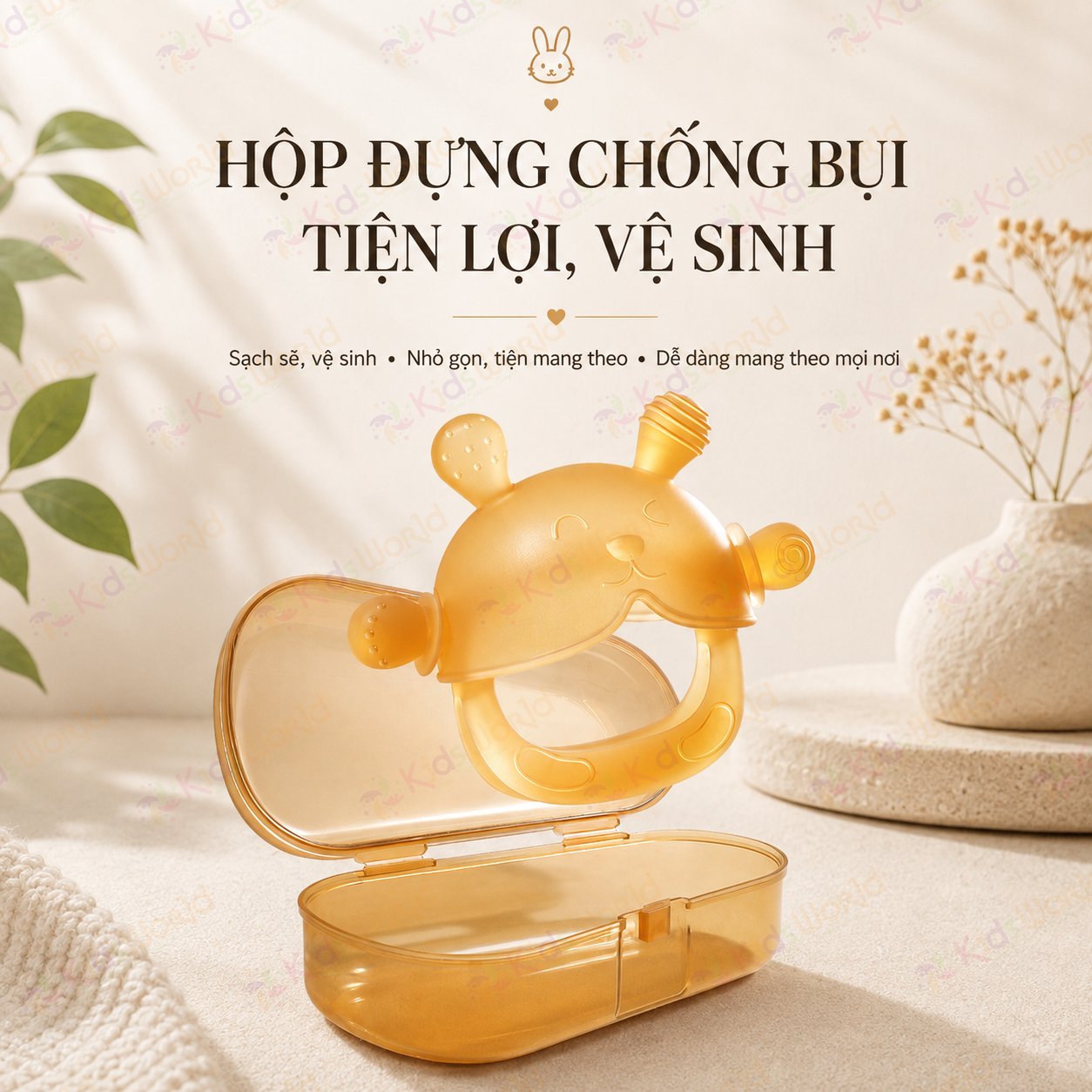 Gặm nướu cho bé hình gấu bằng silicone mềmchống mút tay, đồ chơi gặm nướu xoa dịu mọc răng, chống rơi, không siết tay, nhiều điểm massage nướu, có hộp đựng chống bụi tiện lợi