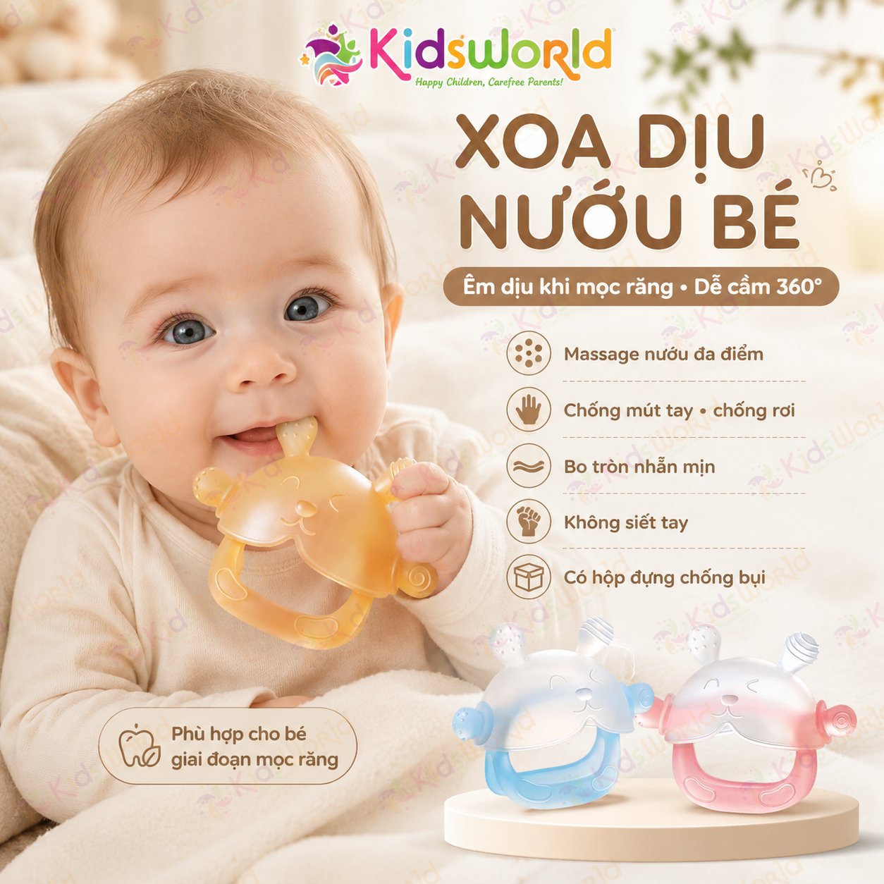 Gặm nướu cho bé hình gấu bằng silicone mềmchống mút tay, đồ chơi gặm nướu xoa dịu mọc răng, chống rơi, không siết tay, nhiều điểm massage nướu, có hộp đựng chống bụi tiện lợi
