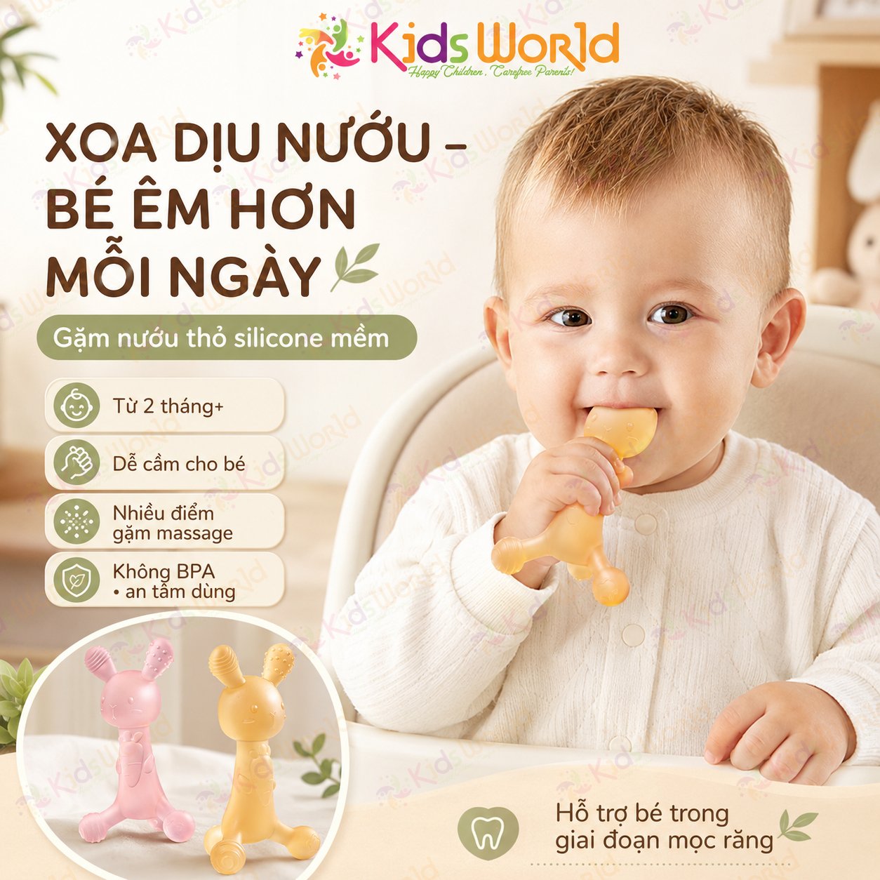 Gặm nướu cho bé hình thỏ silicone mềm, đồ chơi gặm nướu massage lợi cho bé từ 2 tháng, thiết kế chống hóc, dễ cầm nắm, tiệt trùng nhiệt cao