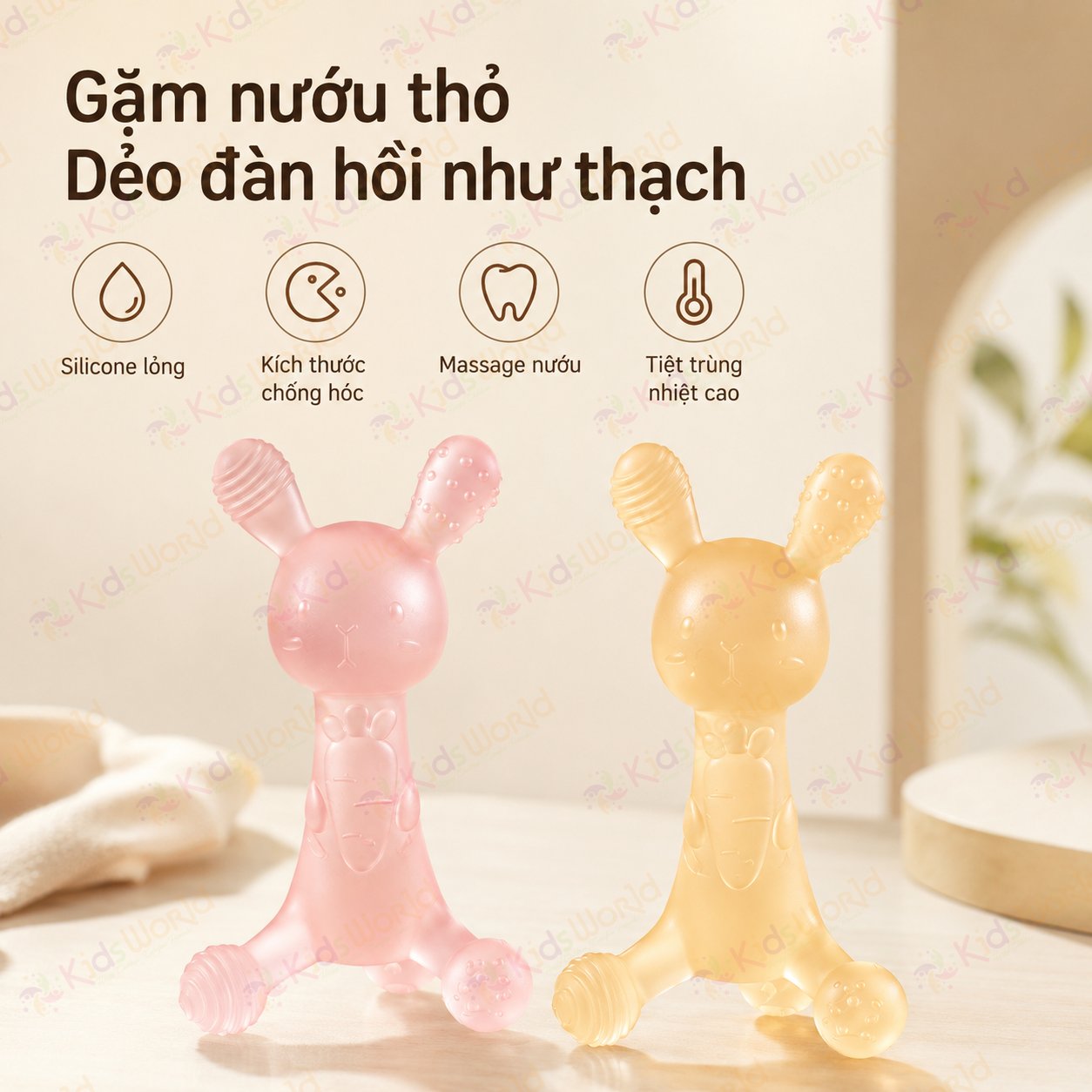 Gặm nướu cho bé hình thỏ silicone mềm, đồ chơi gặm nướu massage lợi cho bé từ 2 tháng, thiết kế chống hóc, dễ cầm nắm, tiệt trùng nhiệt cao