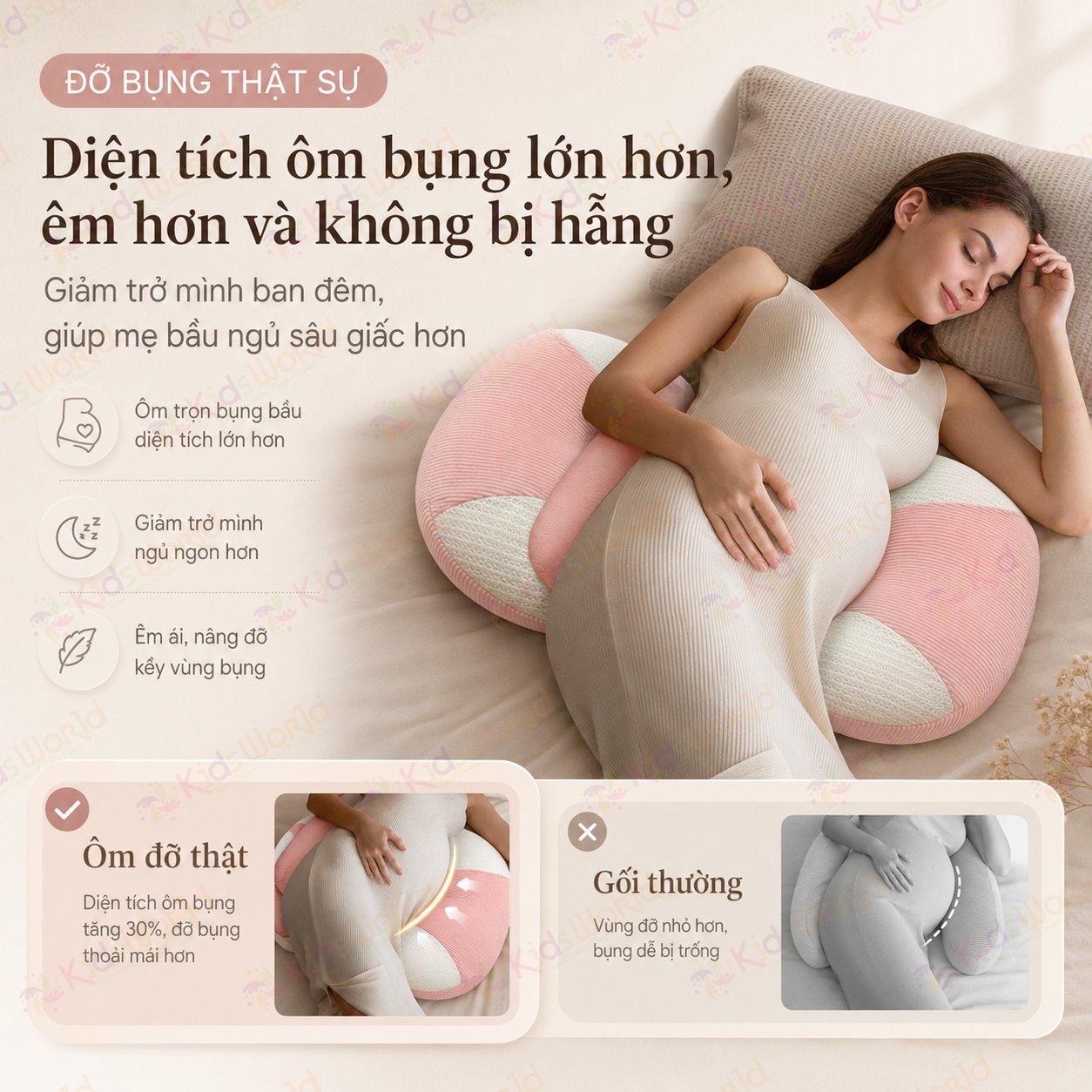 Gối bầu cánh tiên KidsWorld vải Tencel cao cấp mềm mại thoáng khí, nâng đỡ bụng mẹ bầu 30°hỗ trợ giảm đau lưng, tựa lưng, kê chân, giúp mẹ bầu ngủ nghiêng thoải mái