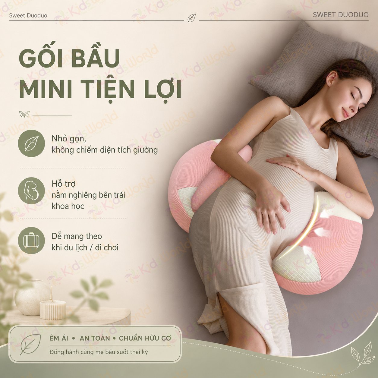 Gối bầu cánh tiên KidsWorld vải Tencel cao cấp mềm mại thoáng khí, nâng đỡ bụng mẹ bầu 30°hỗ trợ giảm đau lưng, tựa lưng, kê chân, giúp mẹ bầu ngủ nghiêng thoải mái