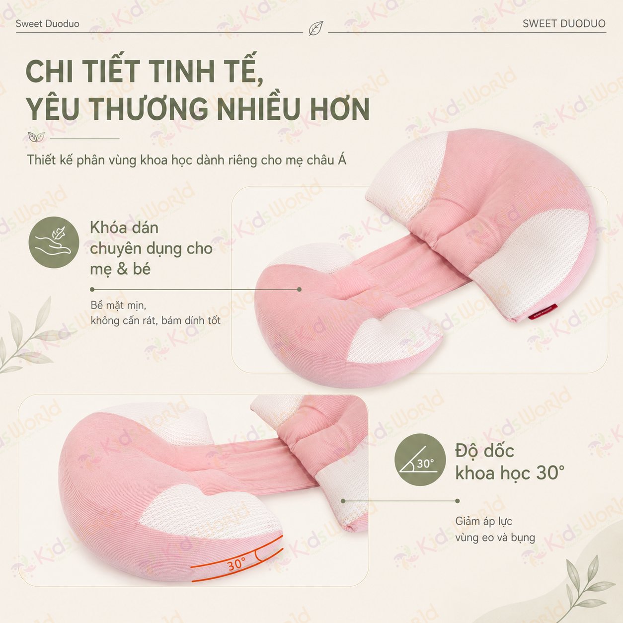 Gối bầu cánh tiên KidsWorld vải Tencel cao cấp mềm mại thoáng khí, nâng đỡ bụng mẹ bầu 30°hỗ trợ giảm đau lưng, tựa lưng, kê chân, giúp mẹ bầu ngủ nghiêng thoải mái