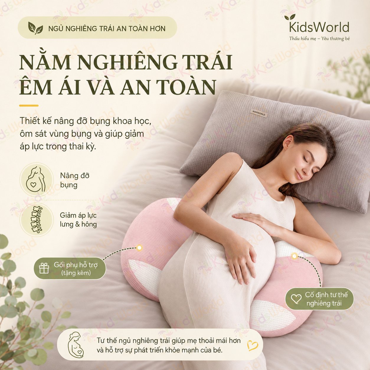 Gối bầu cánh tiên KidsWorld vải Tencel cao cấp mềm mại thoáng khí, nâng đỡ bụng mẹ bầu 30°hỗ trợ giảm đau lưng, tựa lưng, kê chân, giúp mẹ bầu ngủ nghiêng thoải mái