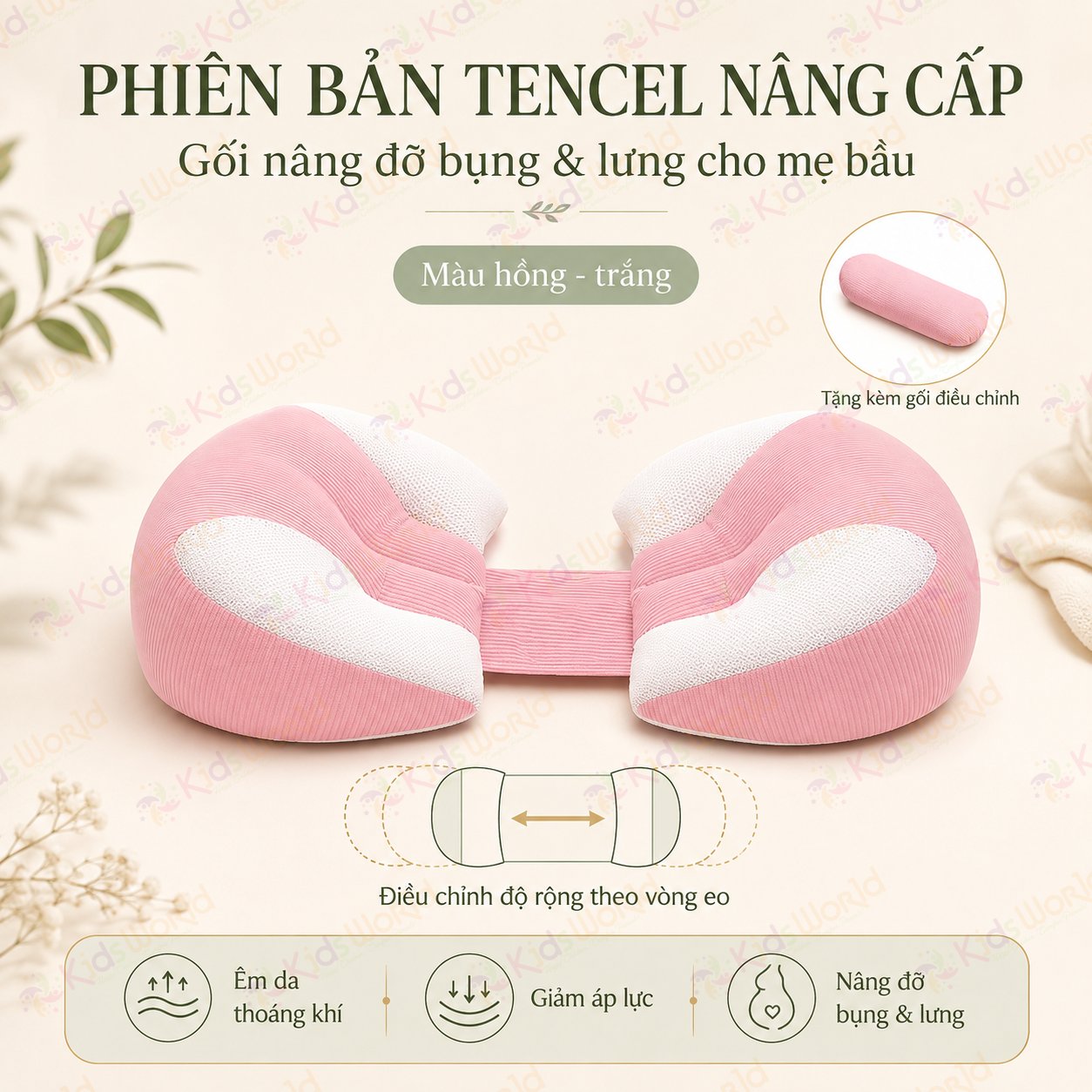 Gối bầu cánh tiên KidsWorld vải Tencel cao cấp mềm mại thoáng khí, nâng đỡ bụng mẹ bầu 30°hỗ trợ giảm đau lưng, tựa lưng, kê chân, giúp mẹ bầu ngủ nghiêng thoải mái