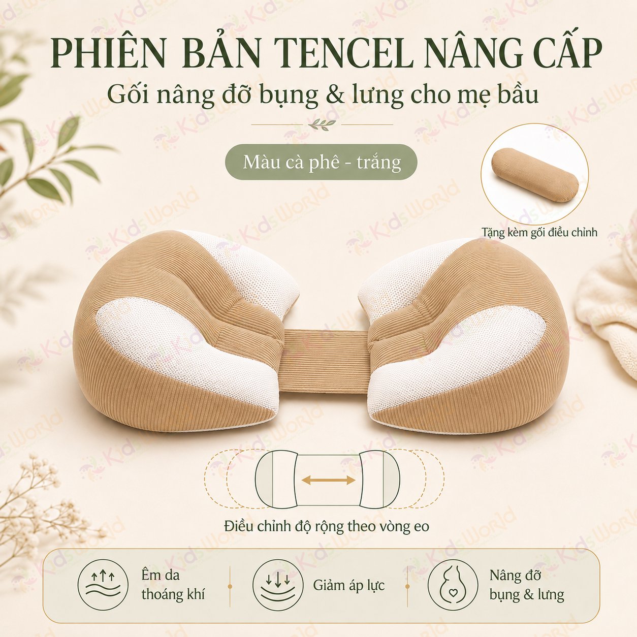 Gối bầu cánh tiên KidsWorld vải Tencel cao cấp mềm mại thoáng khí, nâng đỡ bụng mẹ bầu 30°hỗ trợ giảm đau lưng, tựa lưng, kê chân, giúp mẹ bầu ngủ nghiêng thoải mái