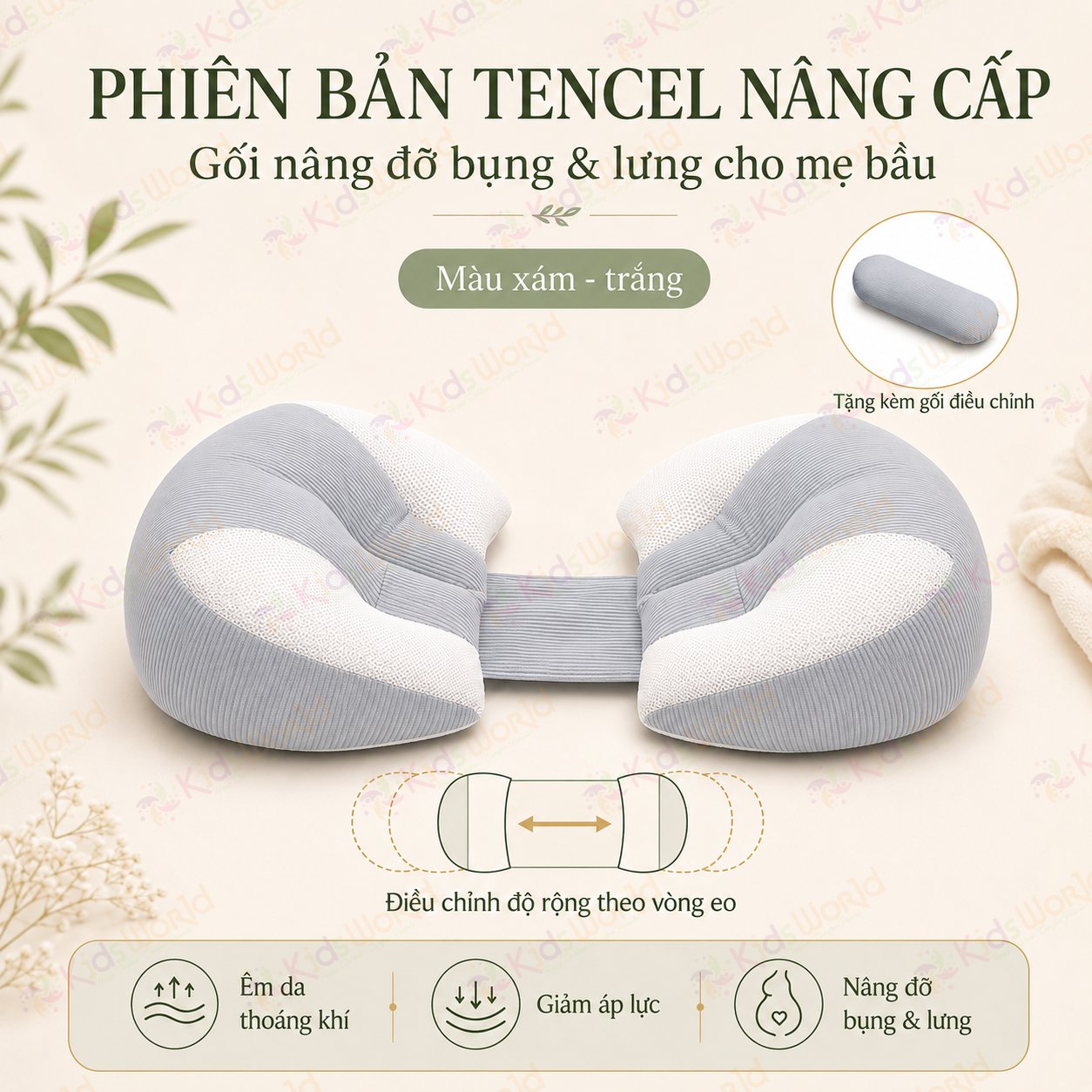 Gối bầu cánh tiên KidsWorld vải Tencel cao cấp mềm mại thoáng khí, nâng đỡ bụng mẹ bầu 30°hỗ trợ giảm đau lưng, tựa lưng, kê chân, giúp mẹ bầu ngủ nghiêng thoải mái