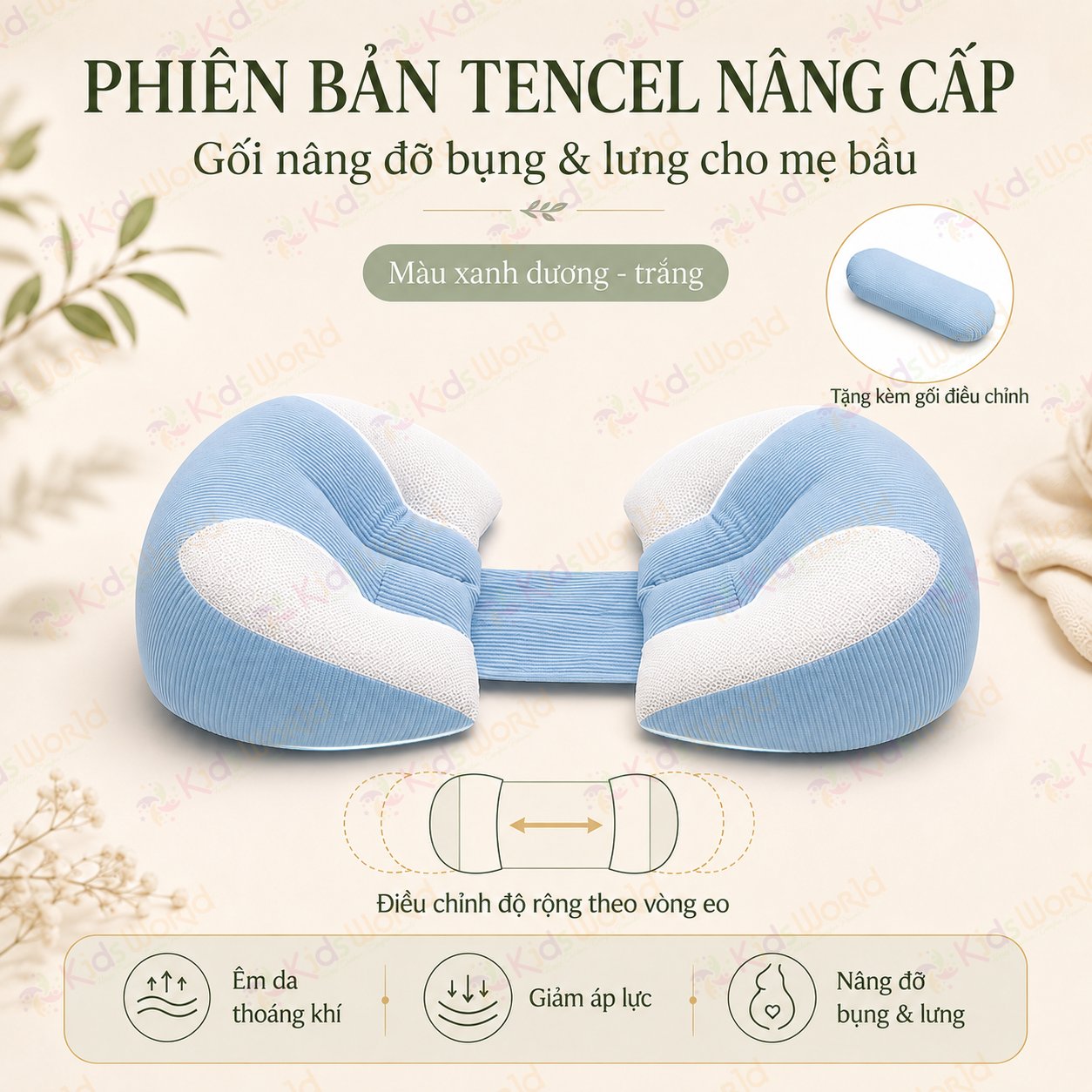 Gối bầu cánh tiên KidsWorld vải Tencel cao cấp mềm mại thoáng khí, nâng đỡ bụng mẹ bầu 30°hỗ trợ giảm đau lưng, tựa lưng, kê chân, giúp mẹ bầu ngủ nghiêng thoải mái