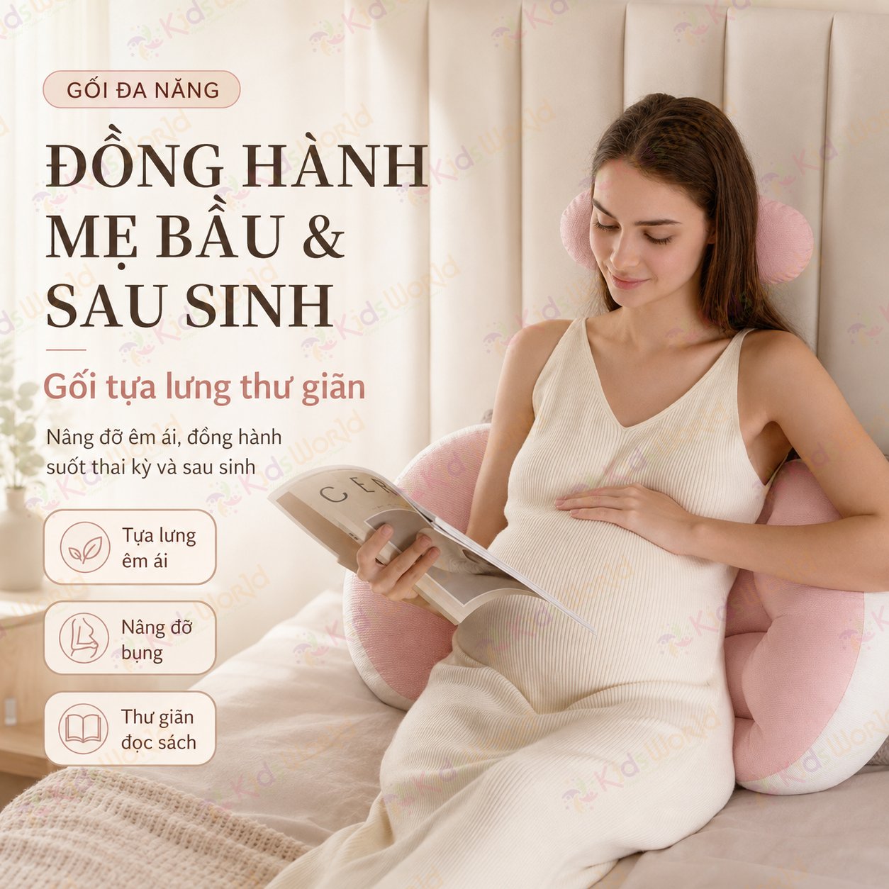 Gối bầu cánh tiên KidsWorld vải nhung tăm cao cấp, nâng đỡ bụng mẹ bầu 30°hỗ trợ giảm đau lưng, kê chân, tựa lưng, tặng kèm gối phụ, ruột bông xoắn 7d đàn hồi
