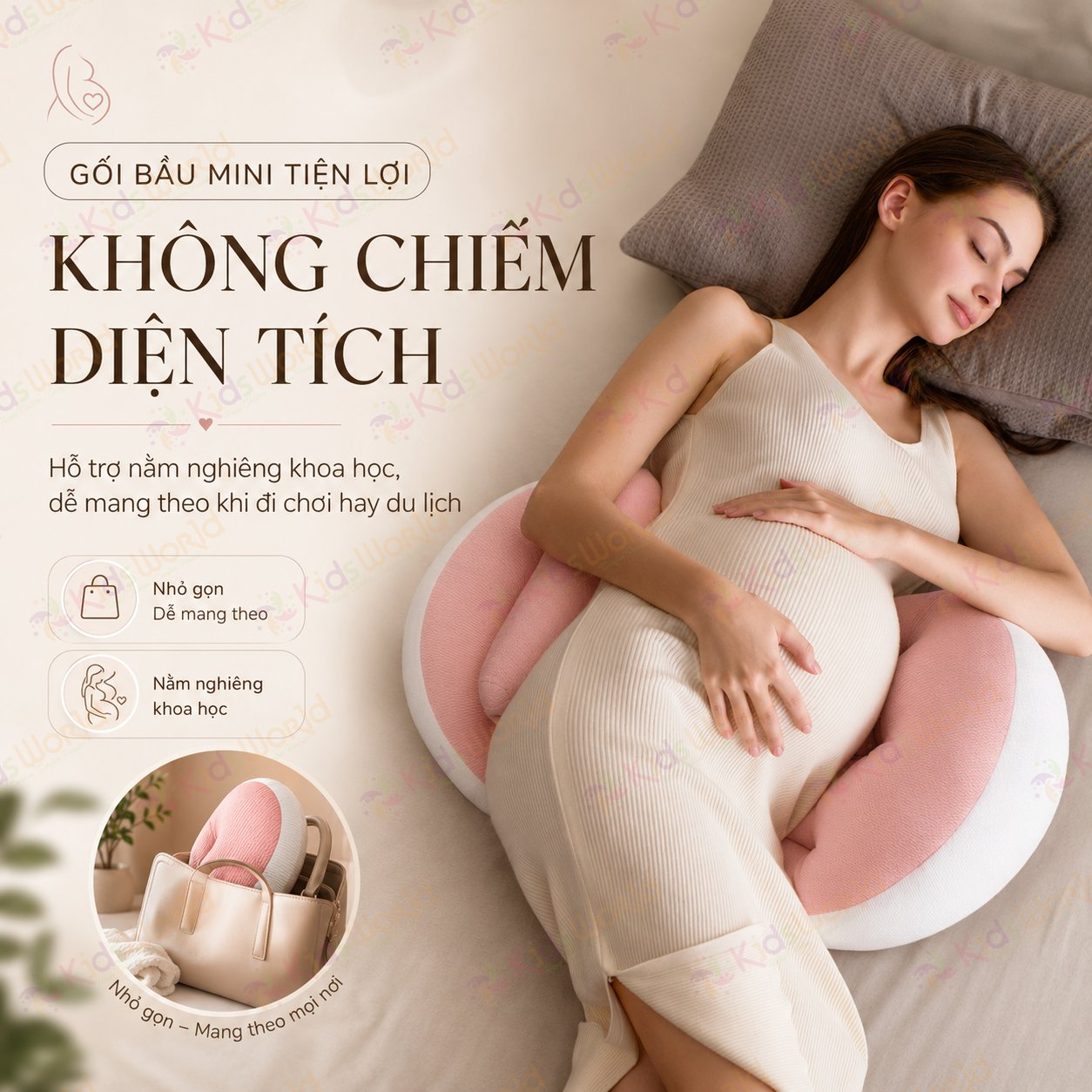 Gối bầu cánh tiên KidsWorld vải nhung tăm cao cấp, nâng đỡ bụng mẹ bầu 30°hỗ trợ giảm đau lưng, kê chân, tựa lưng, tặng kèm gối phụ, ruột bông xoắn 7d đàn hồi