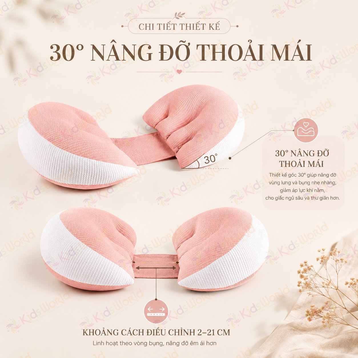 Gối bầu cánh tiên KidsWorld vải nhung tăm cao cấp, nâng đỡ bụng mẹ bầu 30°hỗ trợ giảm đau lưng, kê chân, tựa lưng, tặng kèm gối phụ, ruột bông xoắn 7d đàn hồi