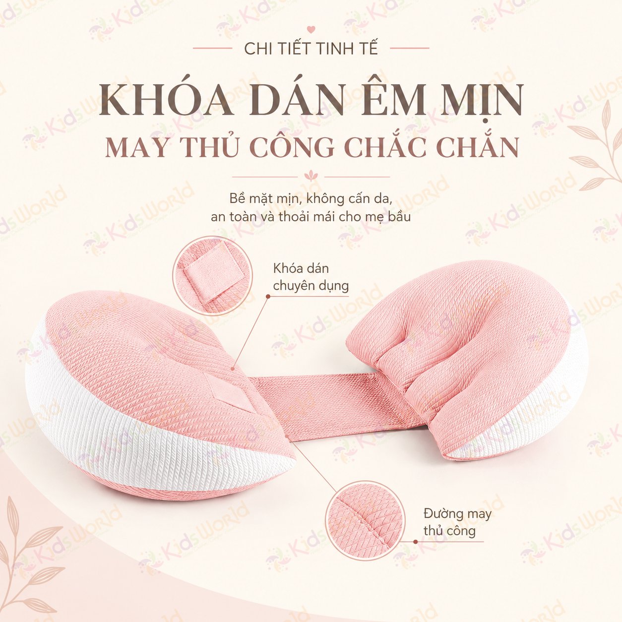 Gối bầu cánh tiên KidsWorld vải nhung tăm cao cấp, nâng đỡ bụng mẹ bầu 30°hỗ trợ giảm đau lưng, kê chân, tựa lưng, tặng kèm gối phụ, ruột bông xoắn 7d đàn hồi