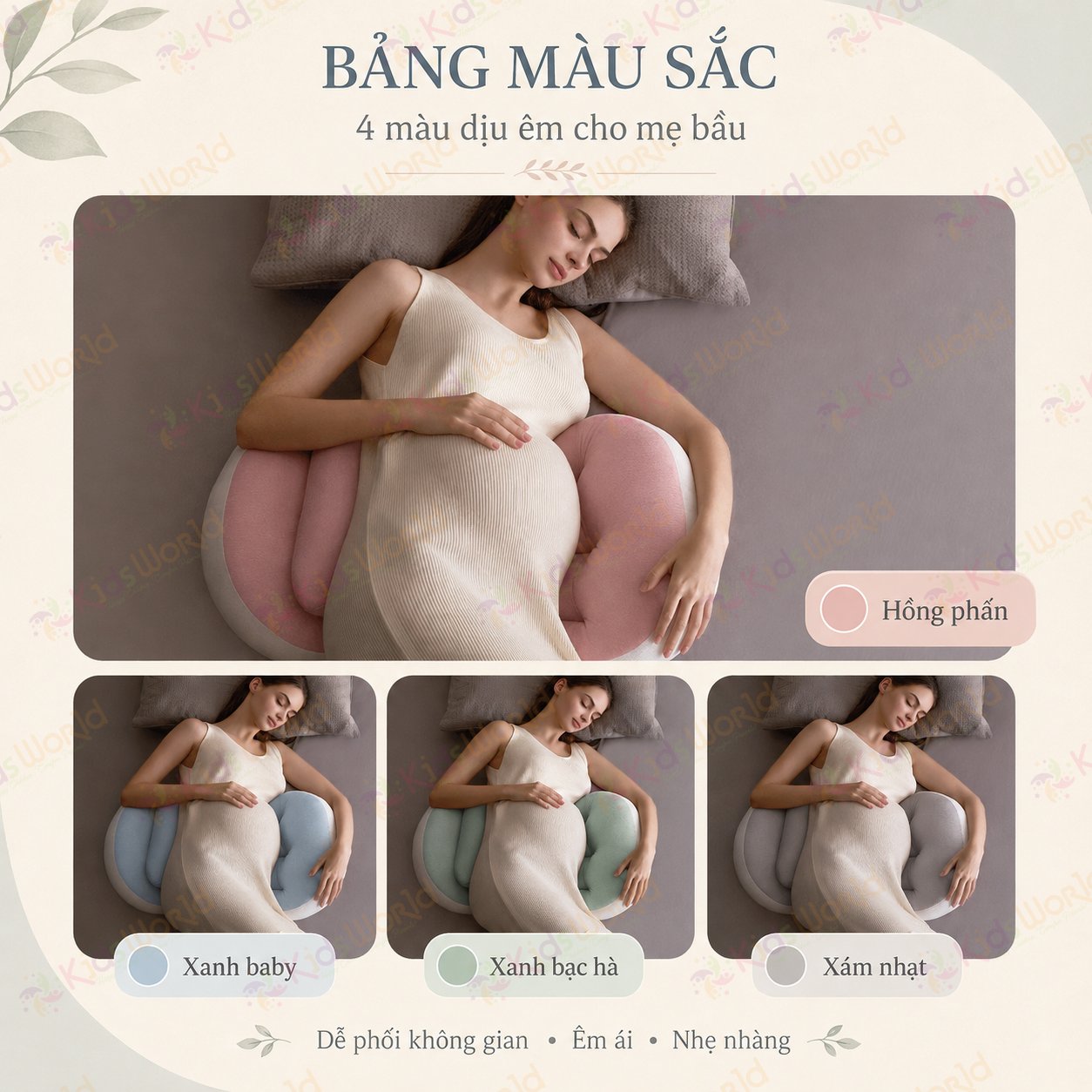 Gối bầu cánh tiên KidsWorld vải nhung tăm cao cấp, nâng đỡ bụng mẹ bầu 30°hỗ trợ giảm đau lưng, kê chân, tựa lưng, tặng kèm gối phụ, ruột bông xoắn 7d đàn hồi