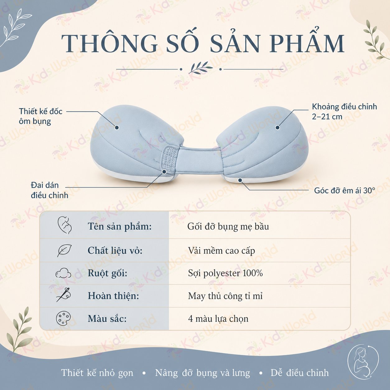 Gối bầu cánh tiên KidsWorld vải nhung tăm cao cấp, nâng đỡ bụng mẹ bầu 30°hỗ trợ giảm đau lưng, kê chân, tựa lưng, tặng kèm gối phụ, ruột bông xoắn 7d đàn hồi