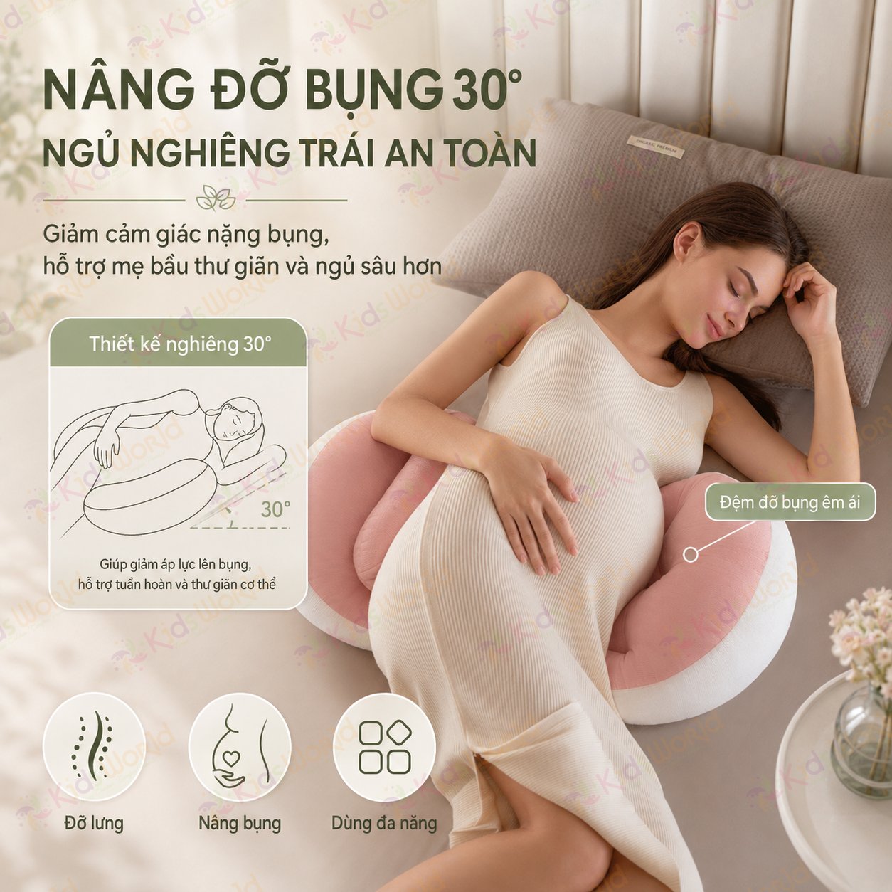 Gối bầu cánh tiên KidsWorld vải nhung tăm cao cấp, nâng đỡ bụng mẹ bầu 30°hỗ trợ giảm đau lưng, kê chân, tựa lưng, tặng kèm gối phụ, ruột bông xoắn 7d đàn hồi