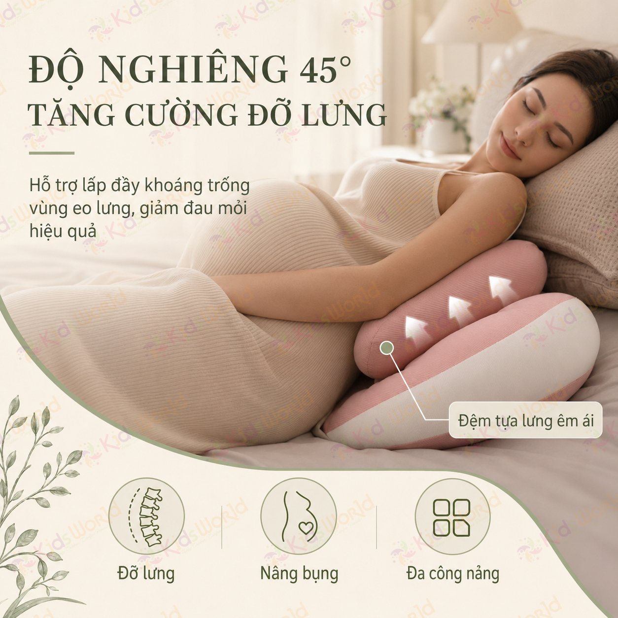 Gối bầu cánh tiên KidsWorld vải nhung tăm cao cấp, nâng đỡ bụng mẹ bầu 30°hỗ trợ giảm đau lưng, kê chân, tựa lưng, tặng kèm gối phụ, ruột bông xoắn 7d đàn hồi