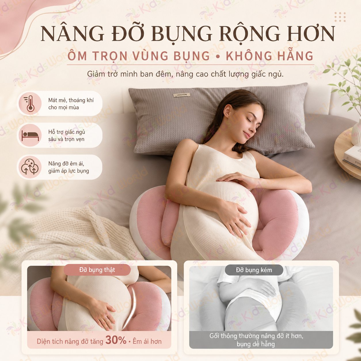 Gối bầu cánh tiên KidsWorld vải nhung tăm cao cấp, nâng đỡ bụng mẹ bầu 30°hỗ trợ giảm đau lưng, kê chân, tựa lưng, tặng kèm gối phụ, ruột bông xoắn 7d đàn hồi