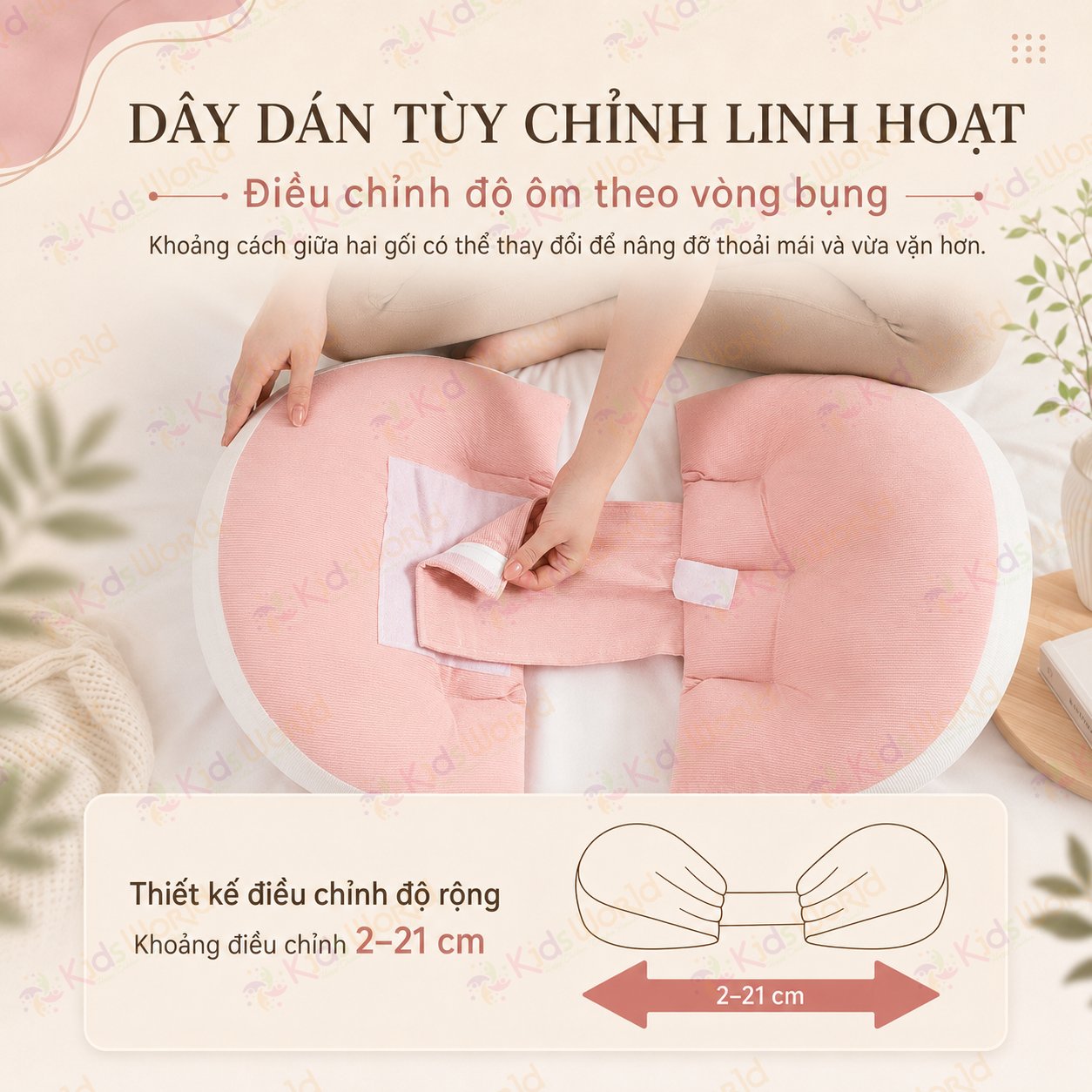 Gối bầu cánh tiên KidsWorld vải nhung tăm cao cấp, nâng đỡ bụng mẹ bầu 30°hỗ trợ giảm đau lưng, kê chân, tựa lưng, tặng kèm gối phụ, ruột bông xoắn 7d đàn hồi