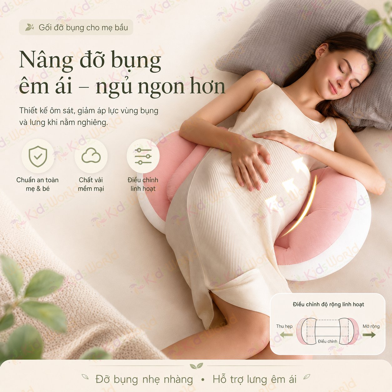 Gối bầu cánh tiên KidsWorld vải nhung tăm cao cấp, nâng đỡ bụng mẹ bầu 30°hỗ trợ giảm đau lưng, kê chân, tựa lưng, tặng kèm gối phụ, ruột bông xoắn 7d đàn hồi