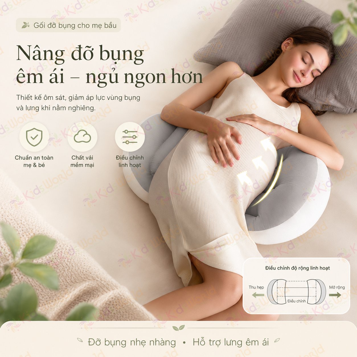 Gối bầu cánh tiên KidsWorld vải nhung tăm cao cấp, nâng đỡ bụng mẹ bầu 30°hỗ trợ giảm đau lưng, kê chân, tựa lưng, tặng kèm gối phụ, ruột bông xoắn 7d đàn hồi