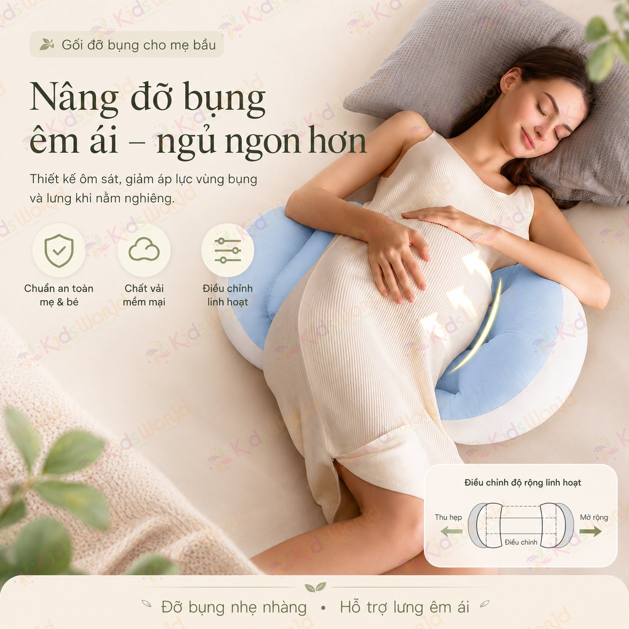 Gối bầu cánh tiên KidsWorld vải nhung tăm cao cấp, nâng đỡ bụng mẹ bầu 30°hỗ trợ giảm đau lưng, kê chân, tựa lưng, tặng kèm gối phụ, ruột bông xoắn 7d đàn hồi