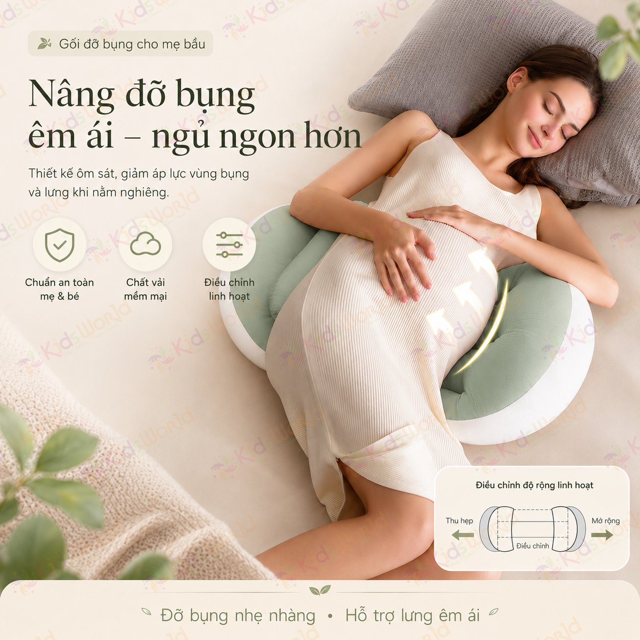 Gối bầu cánh tiên KidsWorld vải nhung tăm cao cấp, nâng đỡ bụng mẹ bầu 30°hỗ trợ giảm đau lưng, kê chân, tựa lưng, tặng kèm gối phụ, ruột bông xoắn 7d đàn hồi