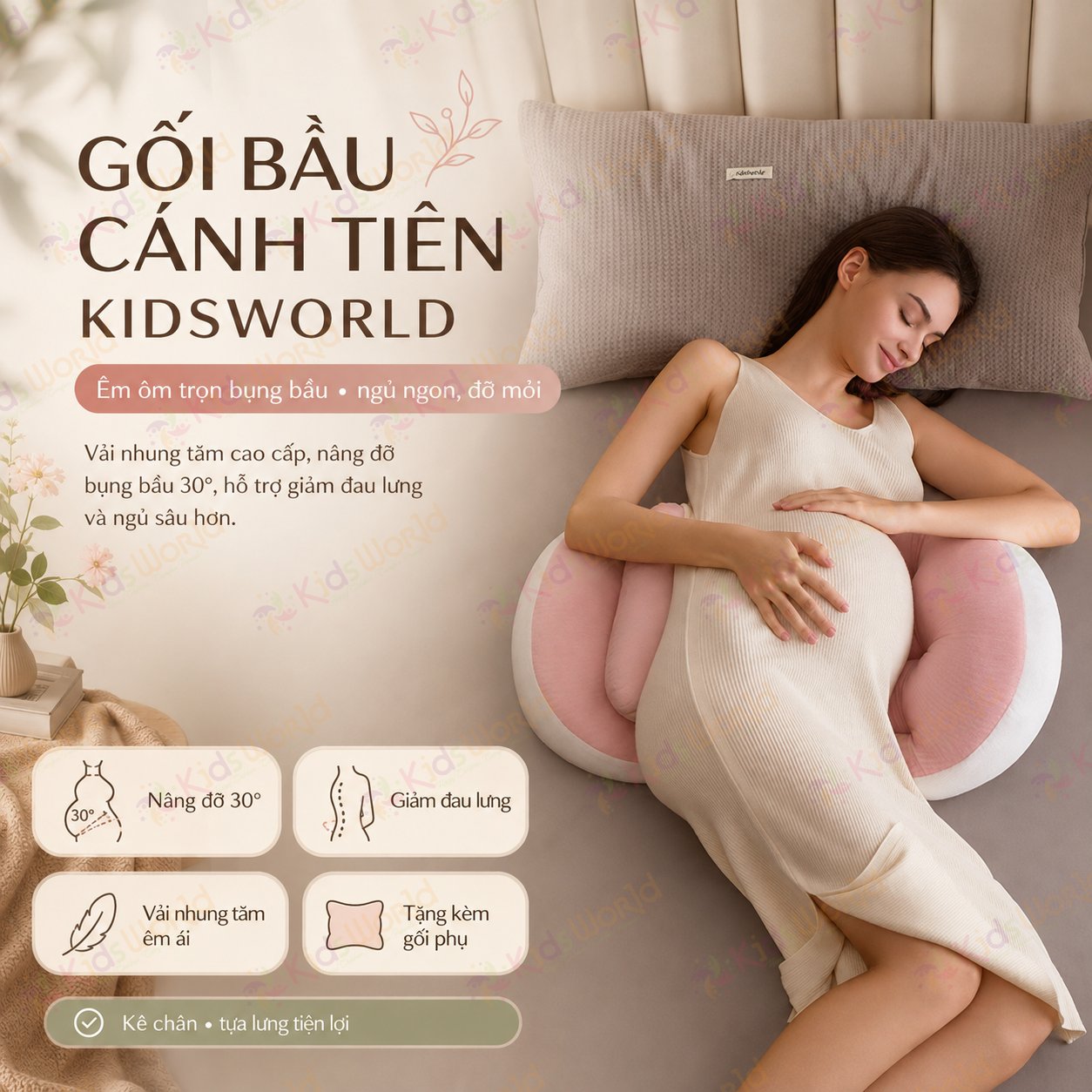 Gối bầu cánh tiên KidsWorld vải nhung tăm cao cấp, nâng đỡ bụng mẹ bầu 30°hỗ trợ giảm đau lưng, kê chân, tựa lưng, tặng kèm gối phụ, ruột bông xoắn 7d đàn hồi
