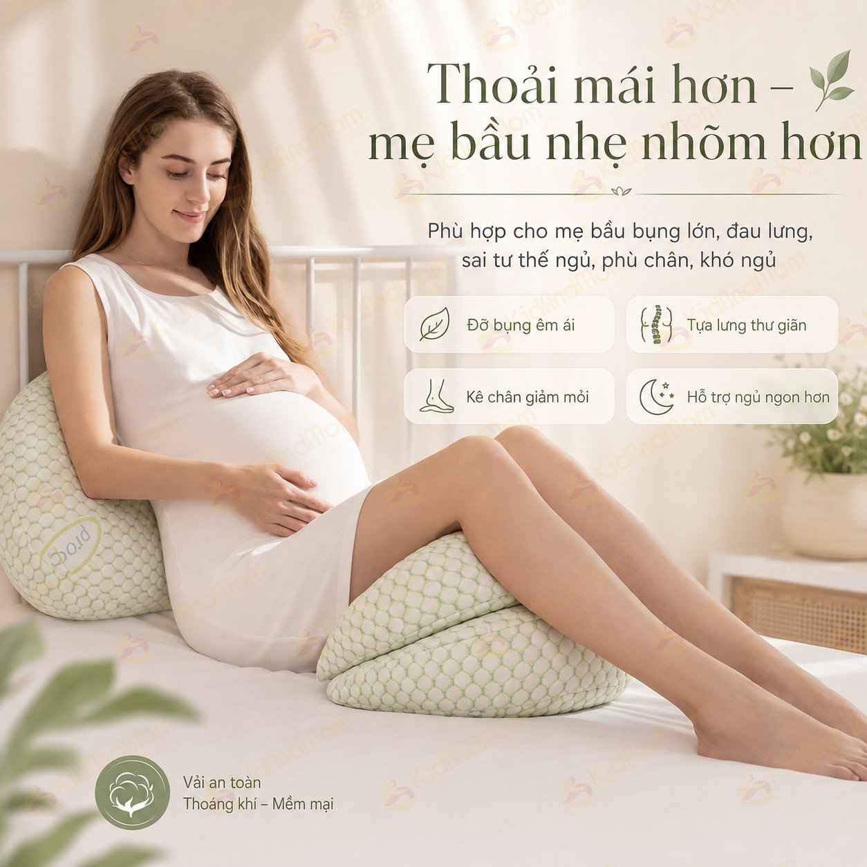 Gối bầu cánh tiên KidsWorld vải sợi tre cao cấp, gối đỡ bụng mẹ bầu 30° hỗ trợ giảm đau lưng, nâng đỡ eo lưng, vùng bụng, kê chân, tựa lưng, tặng kèm gối phụ giúp mẹ bầu ngủ ngon