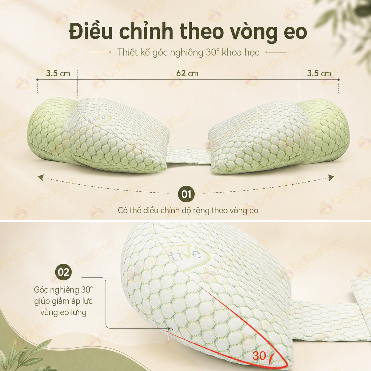 Gối bầu cánh tiên KidsWorld vải sợi tre cao cấp, gối đỡ bụng mẹ bầu 30° hỗ trợ giảm đau lưng, nâng đỡ eo lưng, vùng bụng, kê chân, tựa lưng, tặng kèm gối phụ giúp mẹ bầu ngủ ngon
