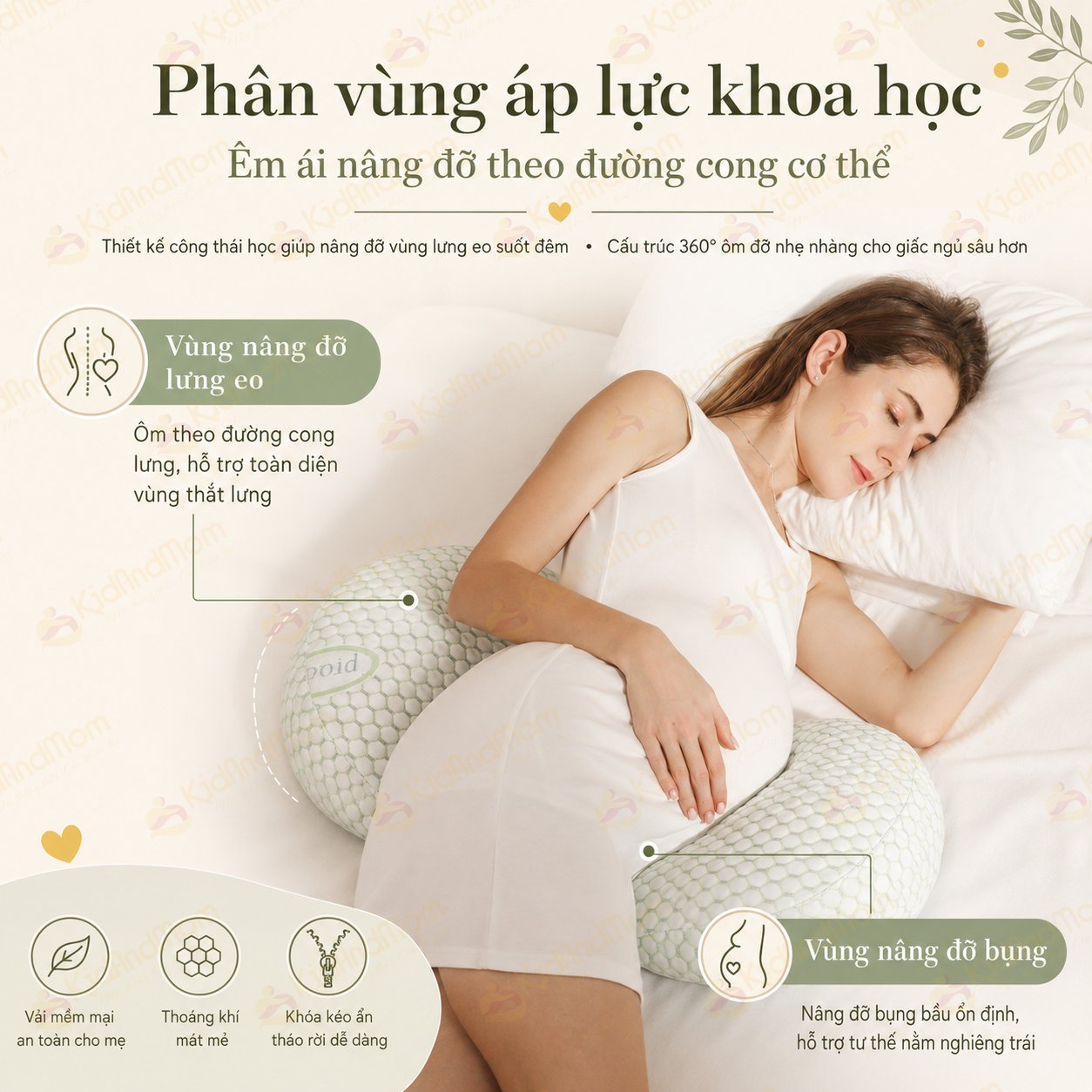 Gối bầu cánh tiên KidsWorld vải sợi tre cao cấp, gối đỡ bụng mẹ bầu 30° hỗ trợ giảm đau lưng, nâng đỡ eo lưng, vùng bụng, kê chân, tựa lưng, tặng kèm gối phụ giúp mẹ bầu ngủ ngon