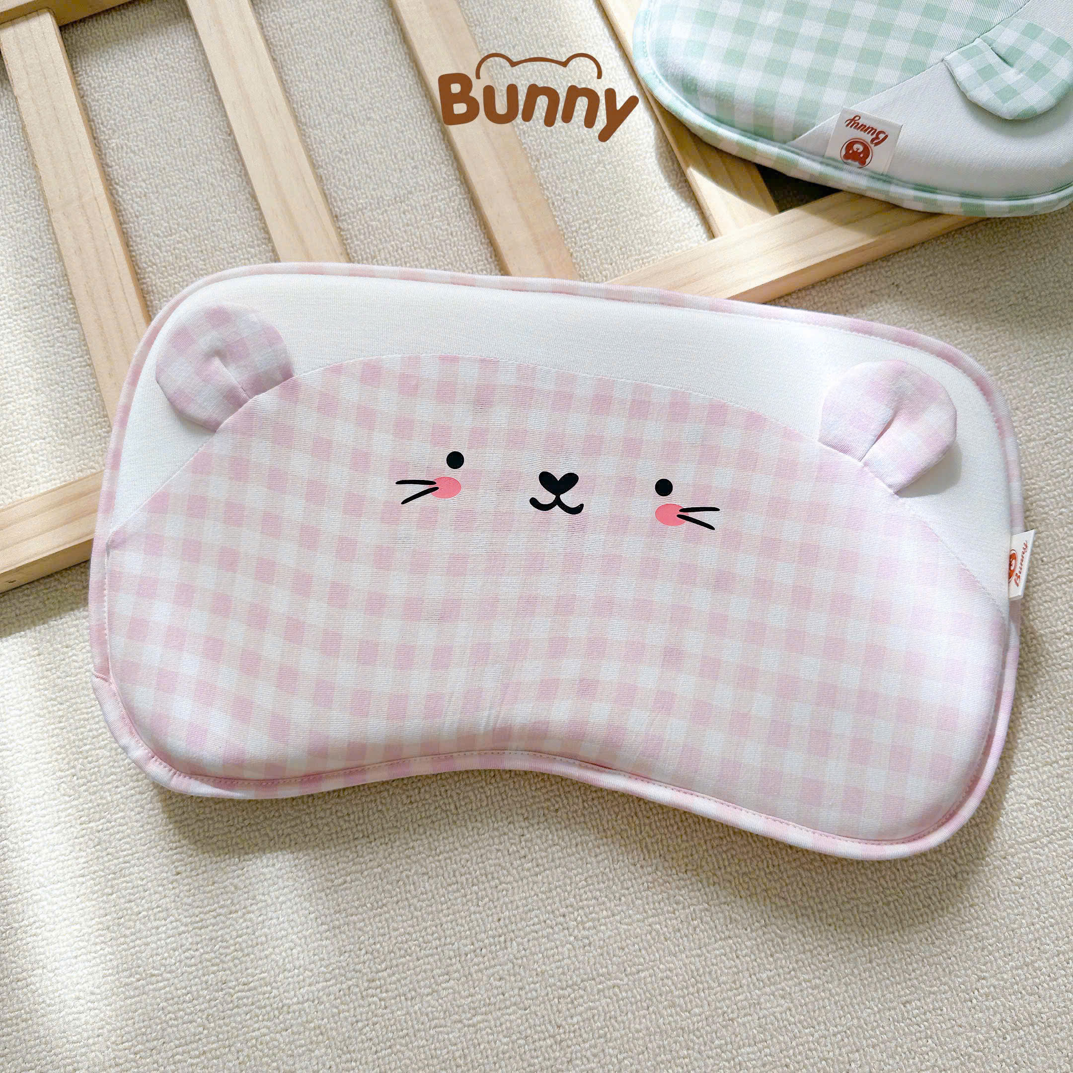 Gối cao su non cho bé Bunny vải Petit mềm hoạ tiết caro pastel Hàn Quốc, in hình ngộ nghĩnh giúp bé ngủ ngon