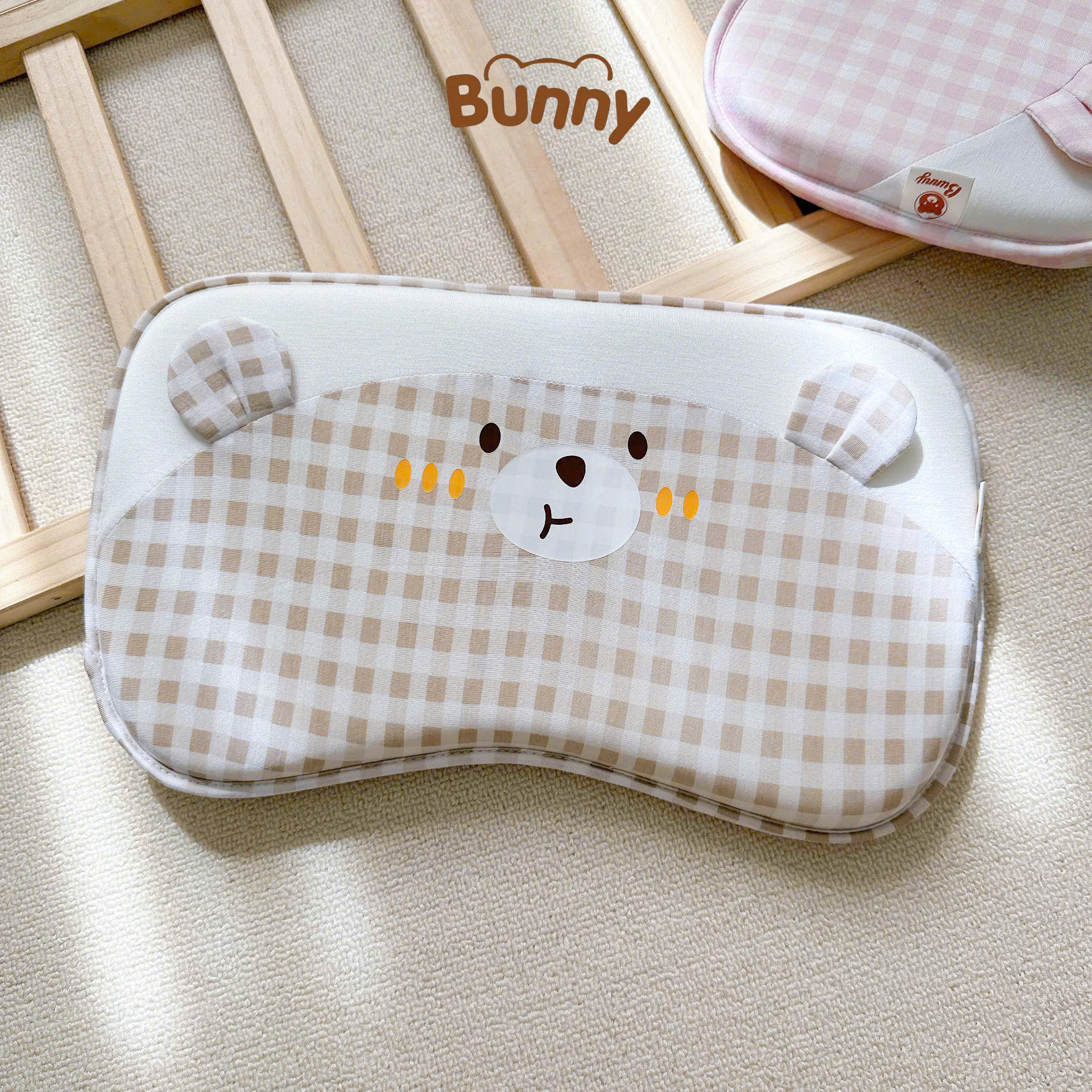 Gối cao su non cho bé Bunny vải Petit mềm hoạ tiết caro pastel Hàn Quốc, in hình ngộ nghĩnh giúp bé ngủ ngon