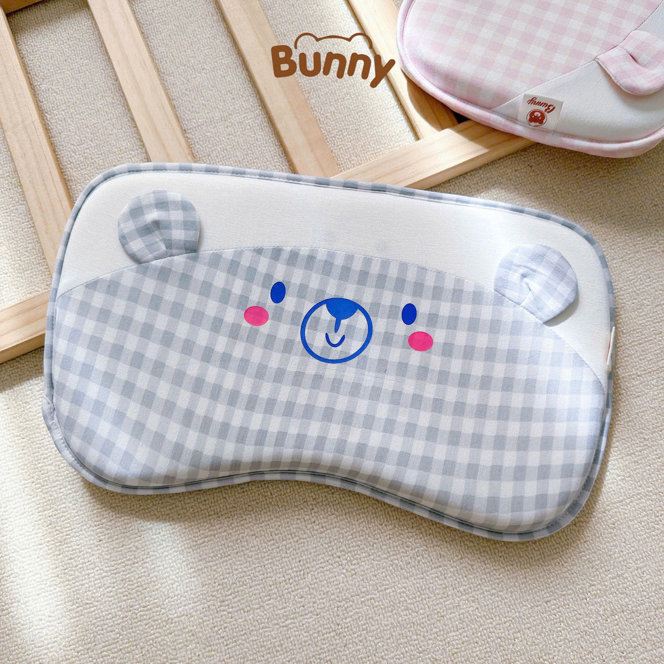 Gối cao su non cho bé Bunny vải Petit mềm hoạ tiết caro pastel Hàn Quốc, in hình ngộ nghĩnh giúp bé ngủ ngon