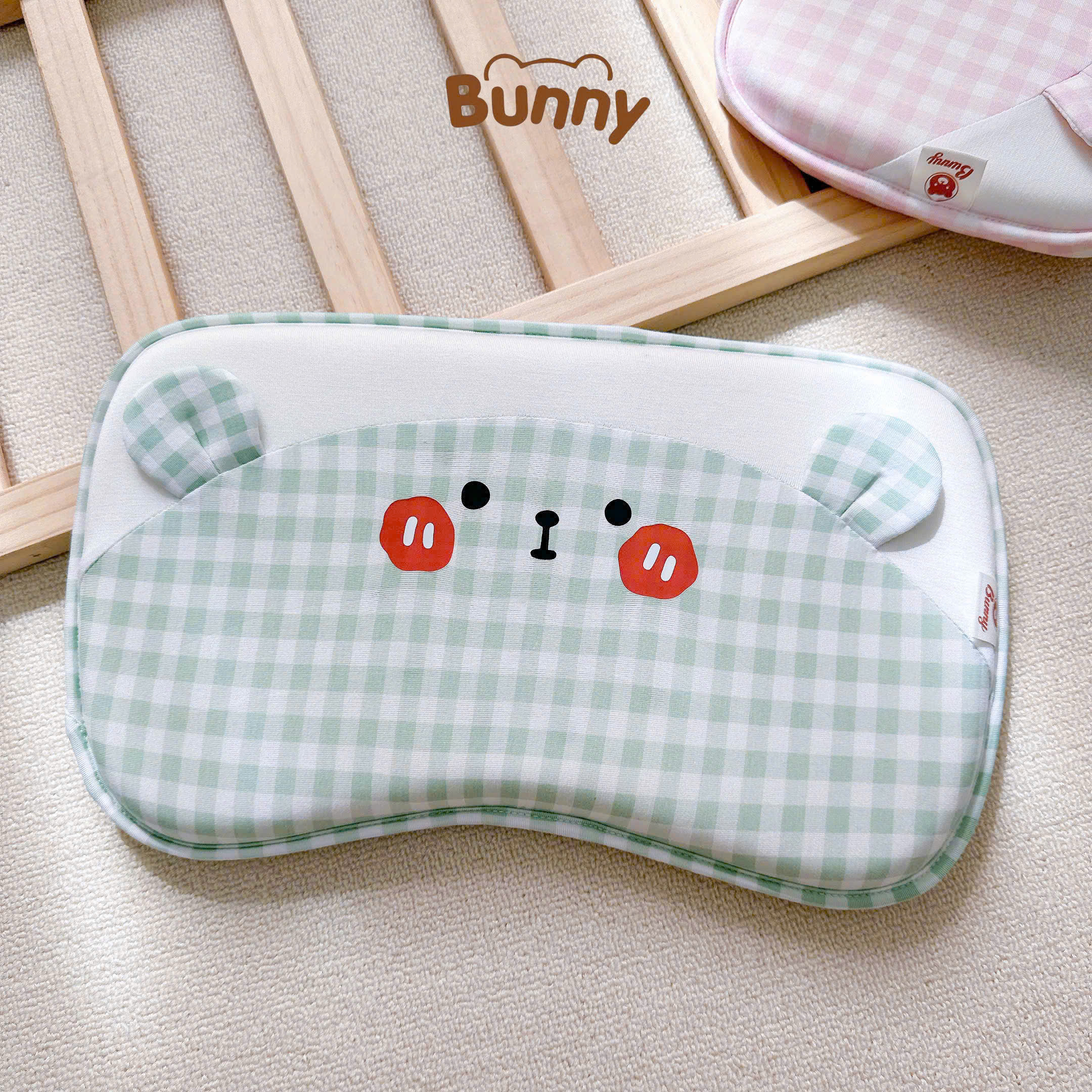 Gối cao su non cho bé Bunny vải Petit mềm hoạ tiết caro pastel Hàn Quốc, in hình ngộ nghĩnh giúp bé ngủ ngon
