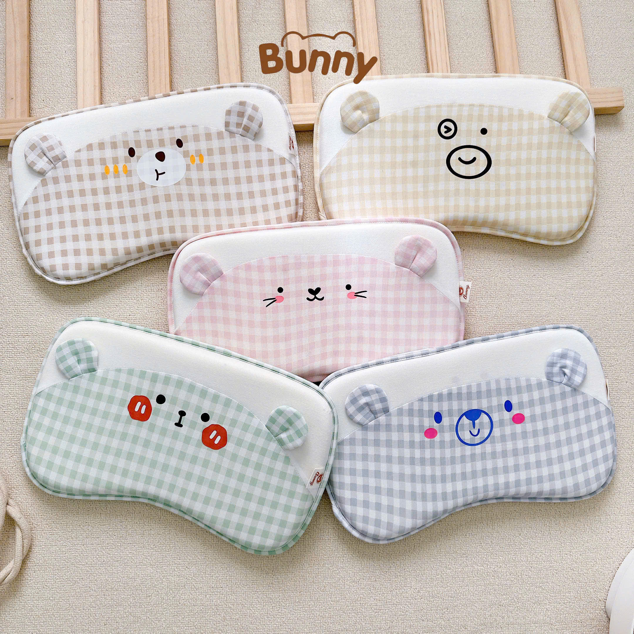 Gối cao su non cho bé Bunny vải Petit mềm hoạ tiết caro pastel Hàn Quốc, in hình ngộ nghĩnh giúp bé ngủ ngon