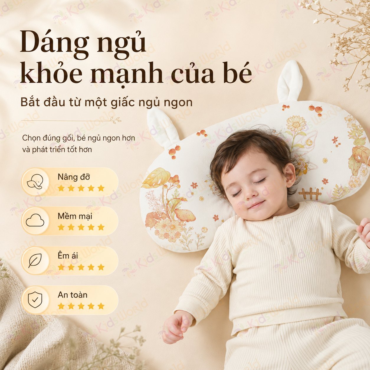Gối cao su non cho bé hình tai thỏ hoạ tiết cổ tích thiết kế công thái học thoáng khí với 2 mặt đa năng kháng khuẩn cấp độ 10A có thể giặt được