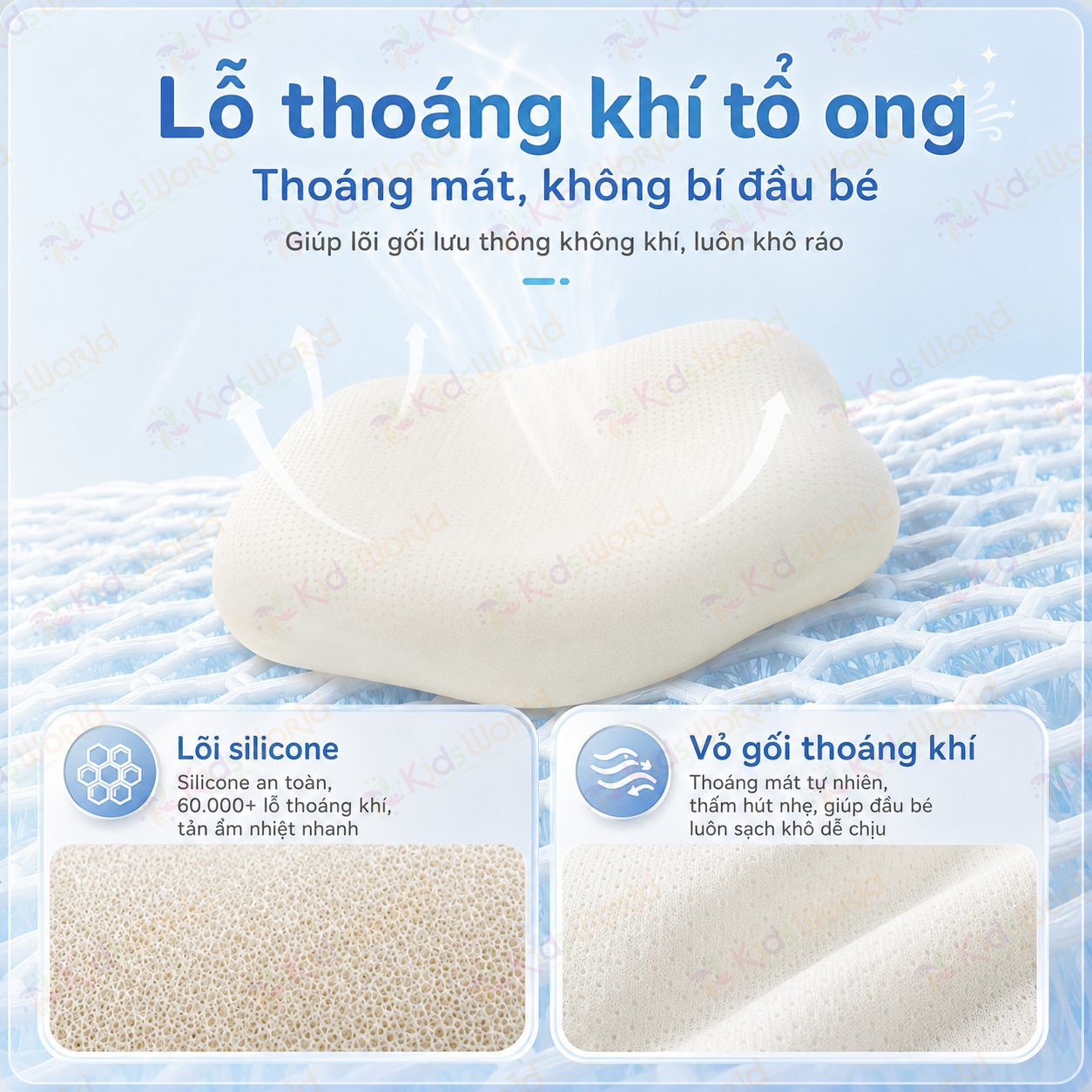 Gối cao su non cho bé hình tai thỏ hoạ tiết cổ tích thiết kế công thái học thoáng khí với 2 mặt đa năng kháng khuẩn cấp độ 10A có thể giặt được