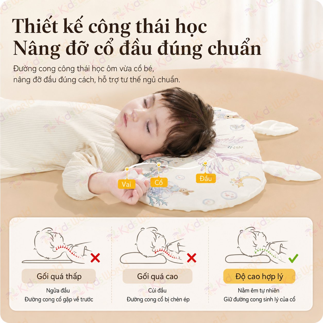 Gối cao su non cho bé hình tai thỏ hoạ tiết cổ tích thiết kế công thái học thoáng khí với 2 mặt đa năng kháng khuẩn cấp độ 10A có thể giặt được