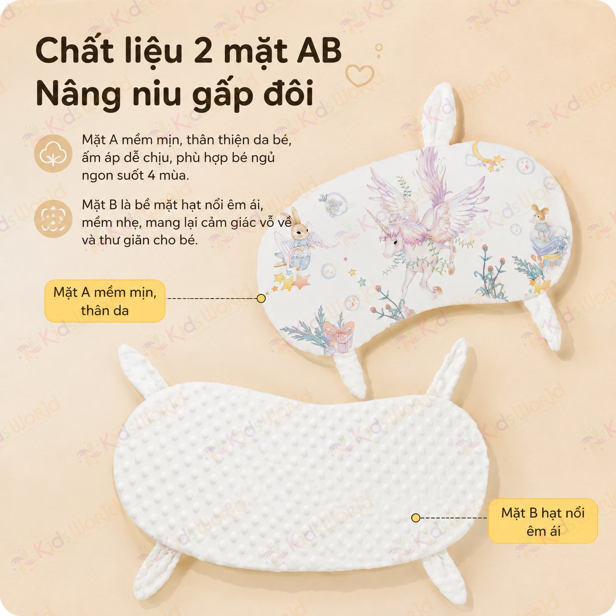 Gối cao su non cho bé hình tai thỏ hoạ tiết cổ tích thiết kế công thái học thoáng khí với 2 mặt đa năng kháng khuẩn cấp độ 10A có thể giặt được