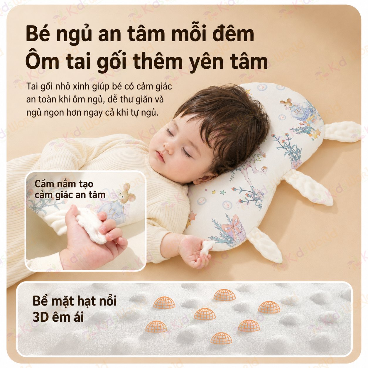 Gối cao su non cho bé hình tai thỏ hoạ tiết cổ tích thiết kế công thái học thoáng khí với 2 mặt đa năng kháng khuẩn cấp độ 10A có thể giặt được