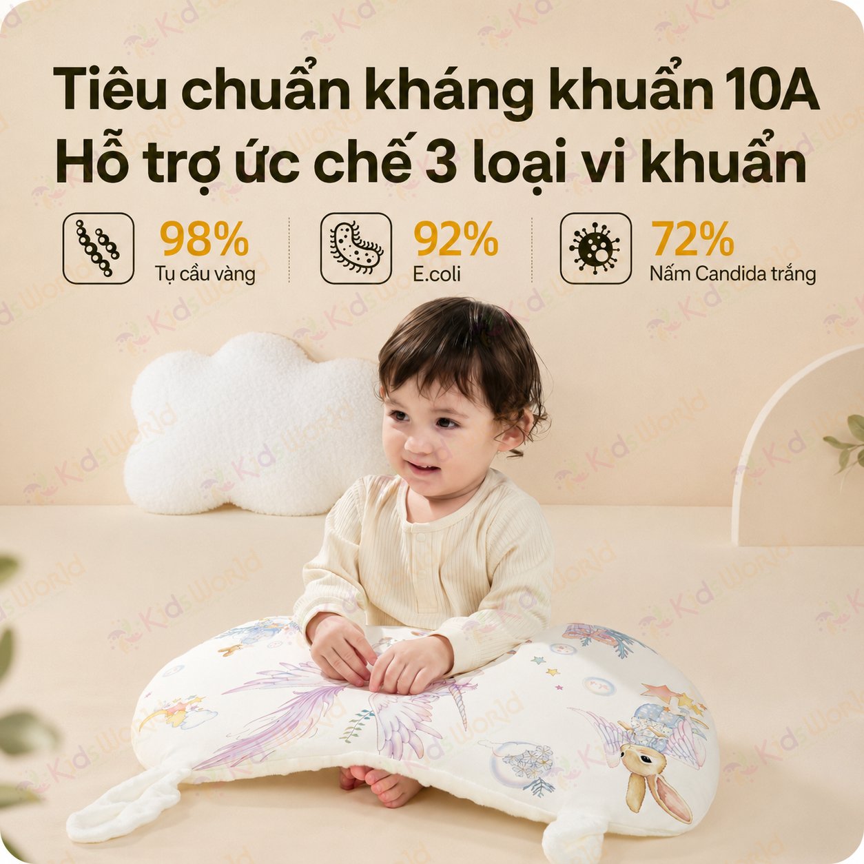 Gối cao su non cho bé hình tai thỏ hoạ tiết cổ tích thiết kế công thái học thoáng khí với 2 mặt đa năng kháng khuẩn cấp độ 10A có thể giặt được