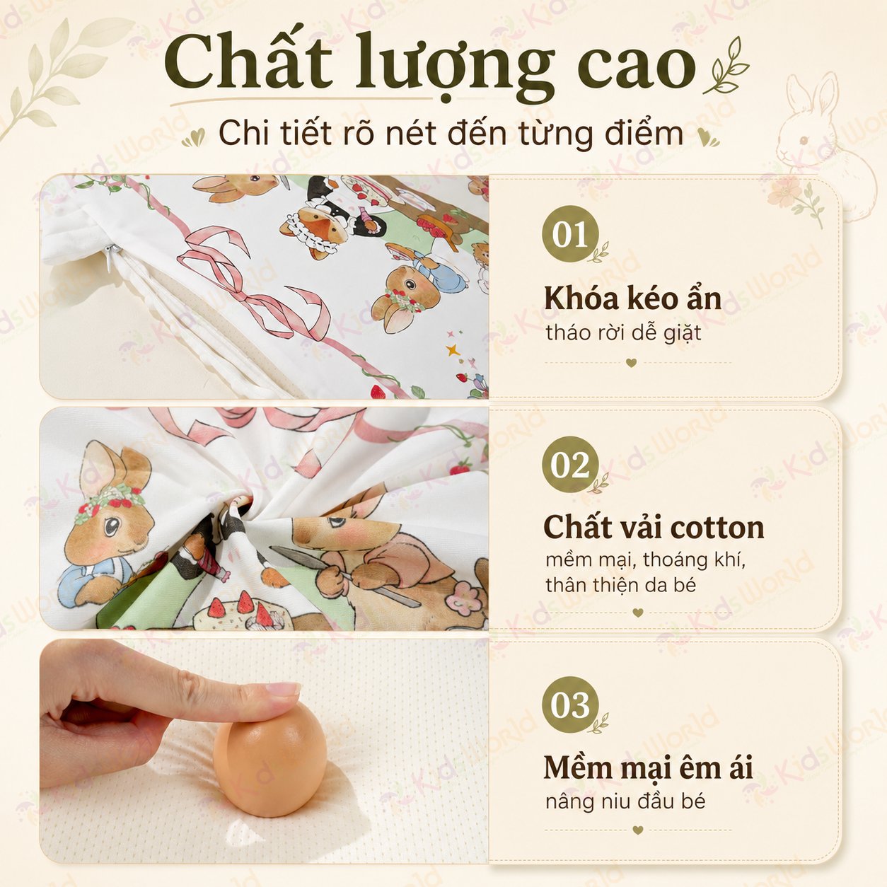 Gối cao su non cho bé hình tai thỏ hoạ tiết cổ tích thiết kế công thái học thoáng khí với 2 mặt đa năng kháng khuẩn cấp độ 10A có thể giặt được