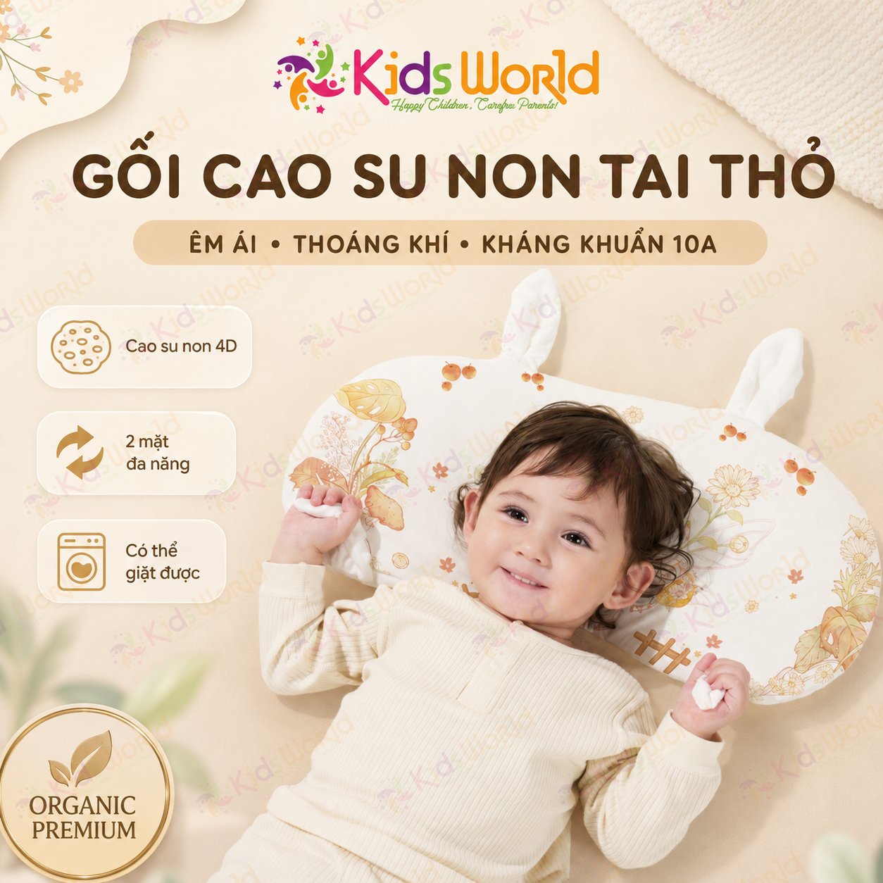 Gối cao su non cho bé hình tai thỏ hoạ tiết cổ tích thiết kế công thái học thoáng khí với 2 mặt đa năng kháng khuẩn cấp độ 10A có thể giặt được