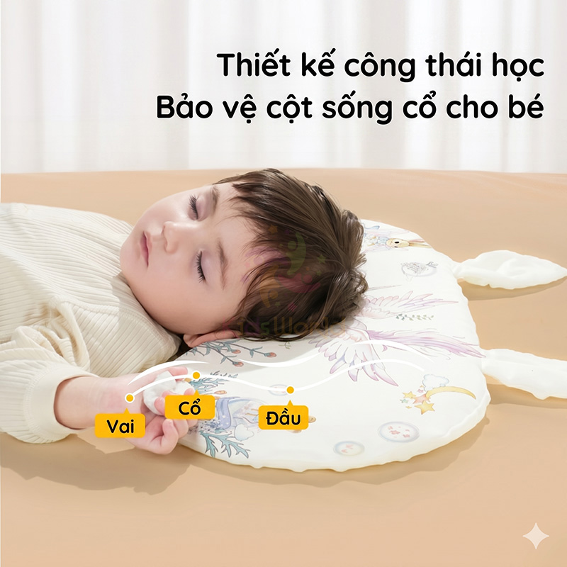 Gối cao su non cho bé hình tai thỏ hoạ tiết cổ tích thiết kế công thái học thoáng khí với 2 mặt đa năng kháng khuẩn cấp độ 10A có thể giặt được