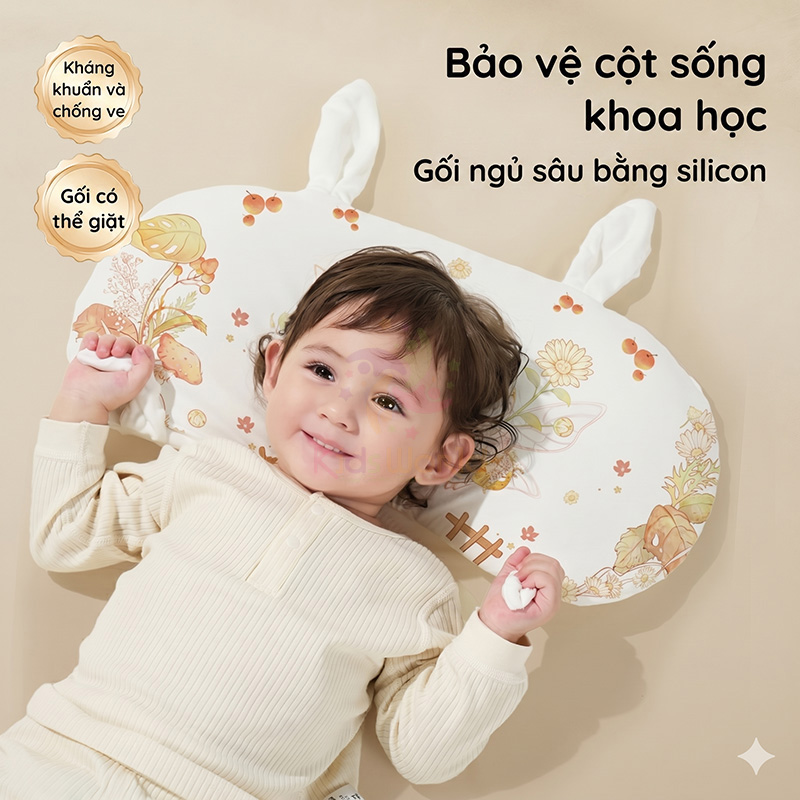 Gối cao su non cho bé hình tai thỏ hoạ tiết cổ tích thiết kế công thái học thoáng khí với 2 mặt đa năng kháng khuẩn cấp độ 10A có thể giặt được