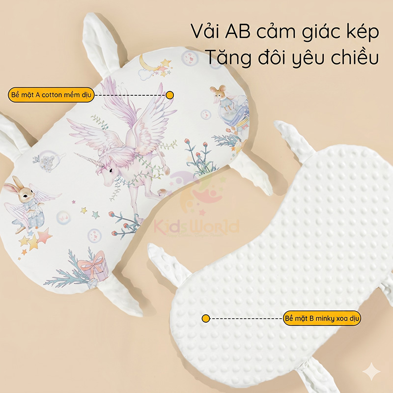 Gối cao su non cho bé hình tai thỏ hoạ tiết cổ tích thiết kế công thái học thoáng khí với 2 mặt đa năng kháng khuẩn cấp độ 10A có thể giặt được