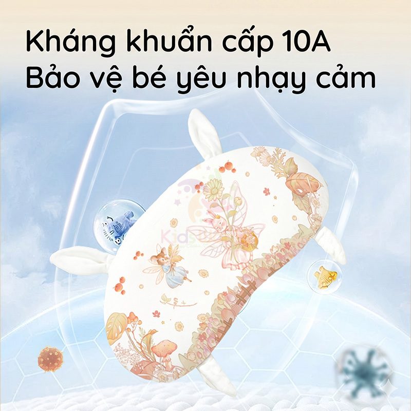 Gối cao su non cho bé hình tai thỏ hoạ tiết cổ tích thiết kế công thái học thoáng khí với 2 mặt đa năng kháng khuẩn cấp độ 10A có thể giặt được