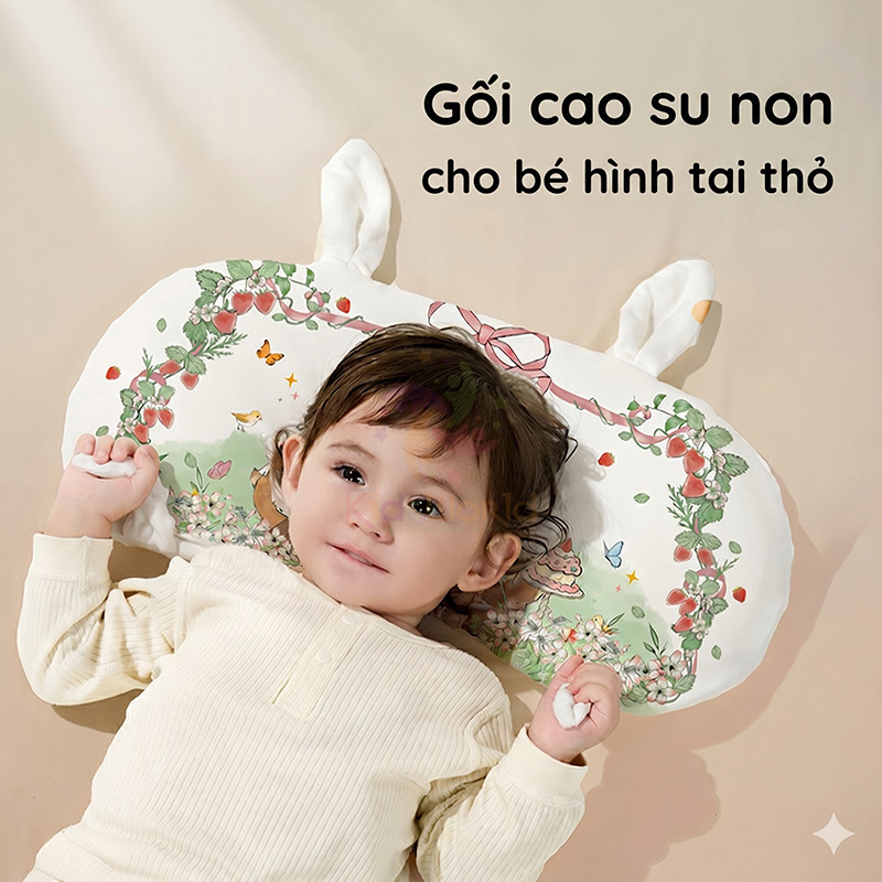 Gối cao su non cho bé hình tai thỏ hoạ tiết cổ tích thiết kế công thái học thoáng khí với 2 mặt đa năng kháng khuẩn cấp độ 10A có thể giặt được