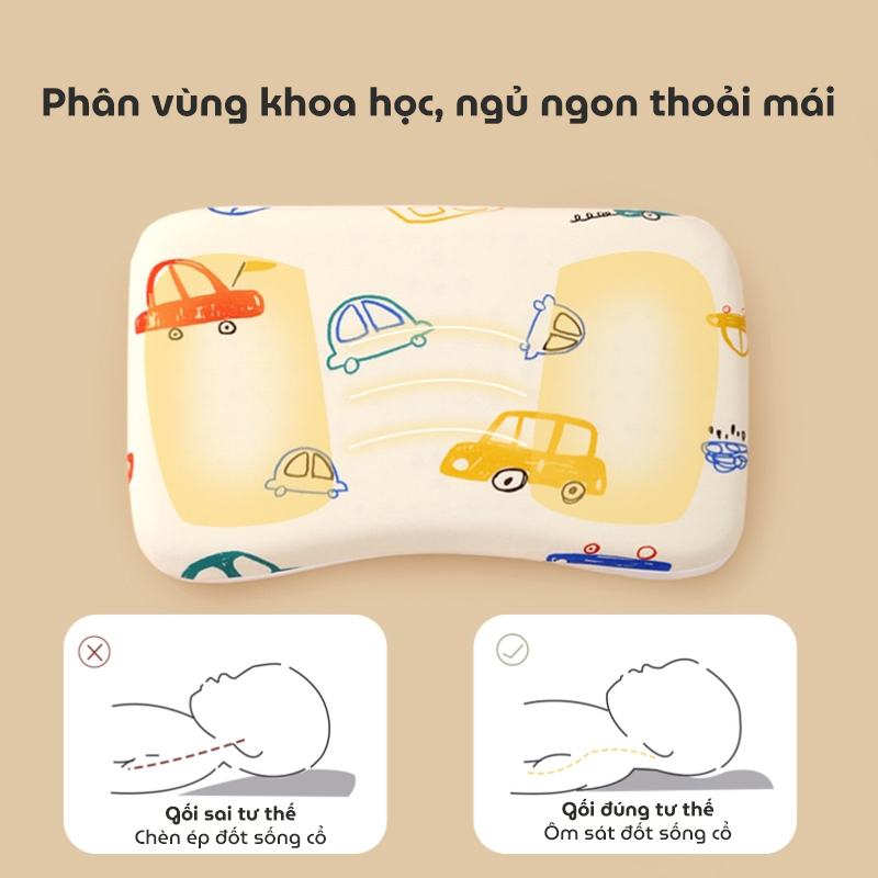 Gối cao su non cho bé KidsWorld ZT505 vải Cotton định hình đầu chống bẹp đầu thoáng khí, êm ái cho bé ngủ ngon sâu giấc cho trẻ 6 tháng-3 tuổi